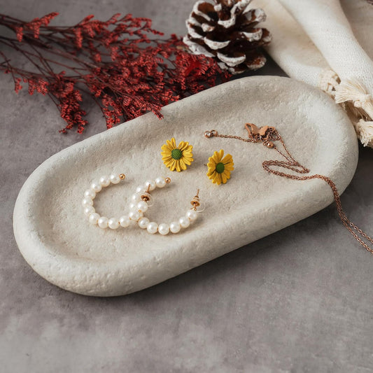 NiHome Natural Travertine Jewelry Tray for Bracelets, Necklaces, Rings, 7.8"x3.9"x0.86" Durable and Easy-to-Clean Key Dish, Minimalist Cement Organizer Decorative Tray for Bedroom, Vanity, Living Room BST326L