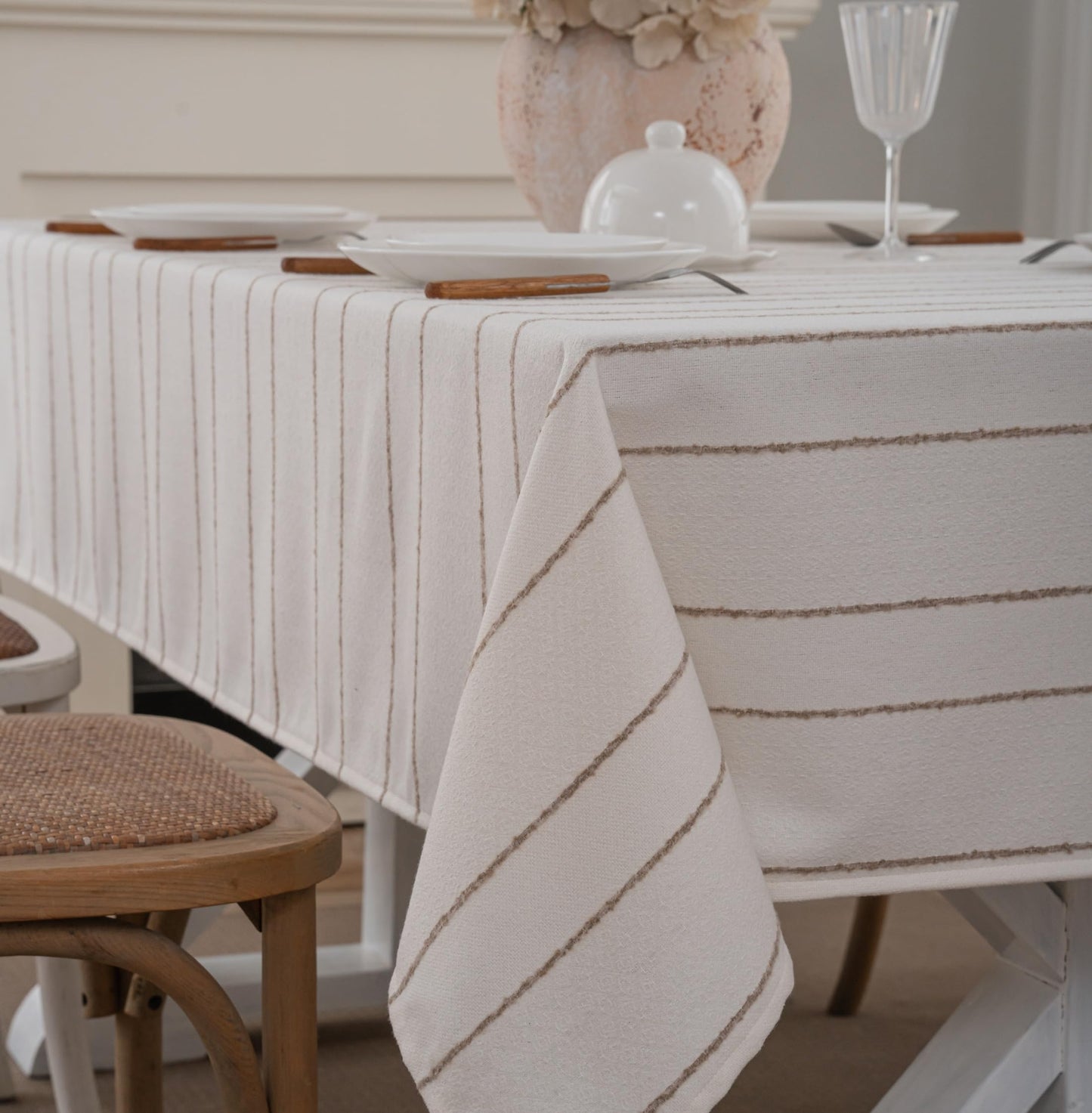 Caflife White Square Tablecloth 55x55 Inch, Cotton Linen Polyester Blend Stripes Table Cloth, Farmhouse Boho Decorative Table Cover for Dining Room Party Buffet Home Kitchen Table Decor BST202