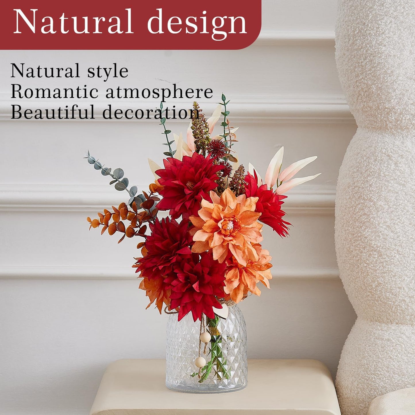 Fake Flowers with Vase, Faux Flowers in Vase, Red Silk tassel Flower Artificial Flowers bulk Arrangements for Home Decor for Living Room Bathroom Office Table Centerpiece Shelf Decoration BST326H