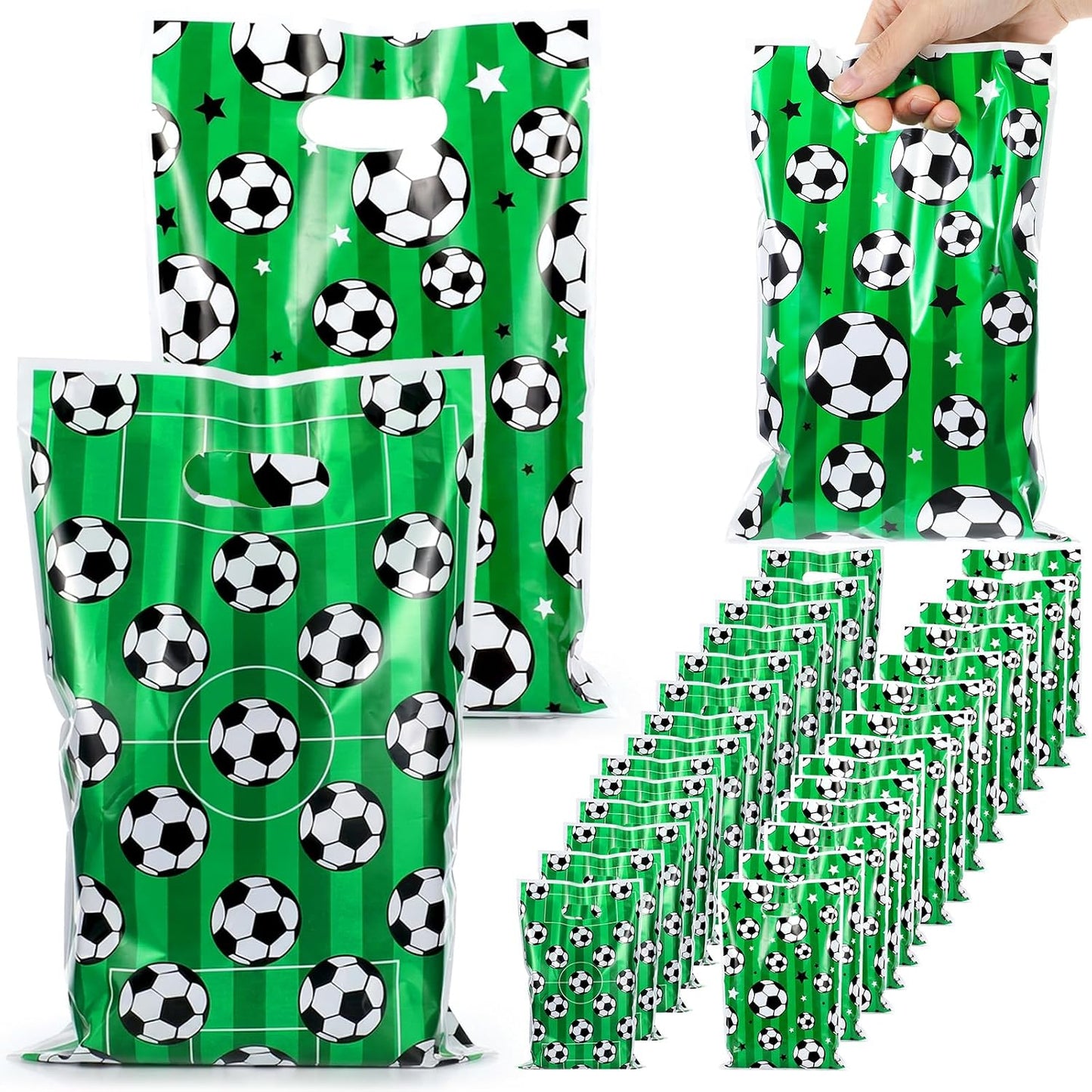 Sibba 50 Pcs Soccer Goodie Bags with Handles Plastic Soccer Gift Bags Birthday Party Favors Bag for Candy Snack Cookie, Soccers Party Theme Favor Decor Supplies for Football Sport Theme Treat Game Day BST202
