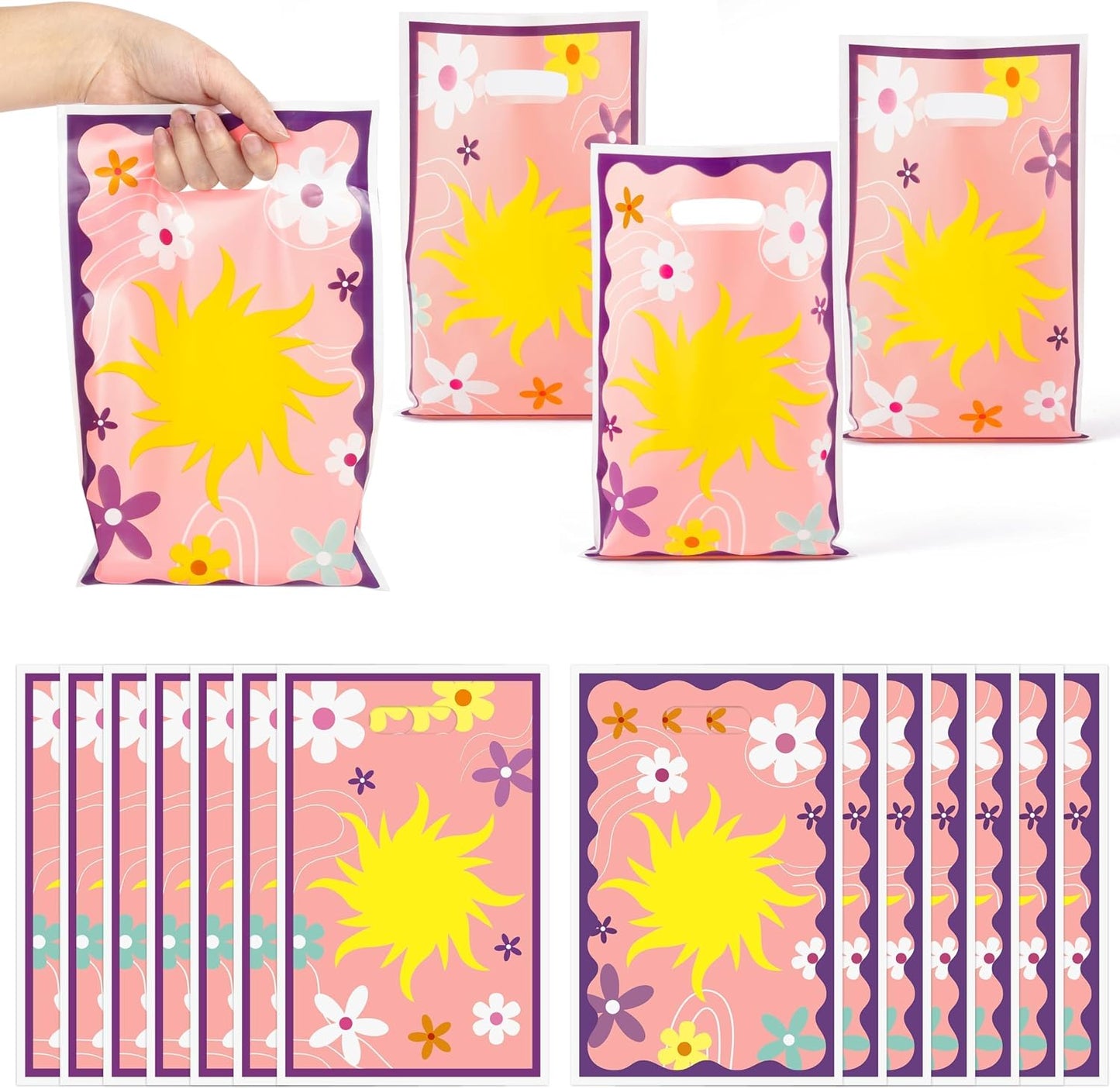 Salovio Princess Party Favor Supplies - 50 Pcs Sun Flower Candy Gift Bags | Kids Adults Birthday Party, Purple Princess Peach Favor Holders, Cute Back to School Supplies, Cookie Plastic Bagswith Handle BST202