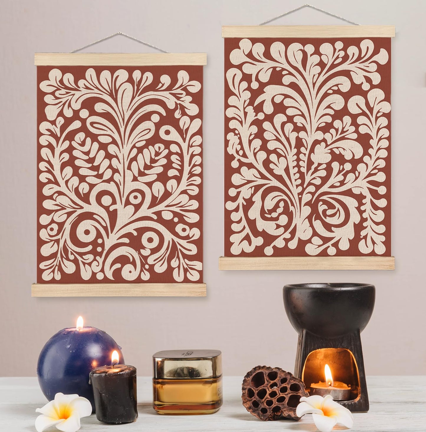 SPBL&L Green Boho Floral Mexican Wall Art, Abstract Flower Poster Hanger Frame, Burnt Orange Terracotta Botanical Hanging Canvas Pictures Prints Wall Decor for Home Bedroom, 12x16 Inch Set of 2 BST202