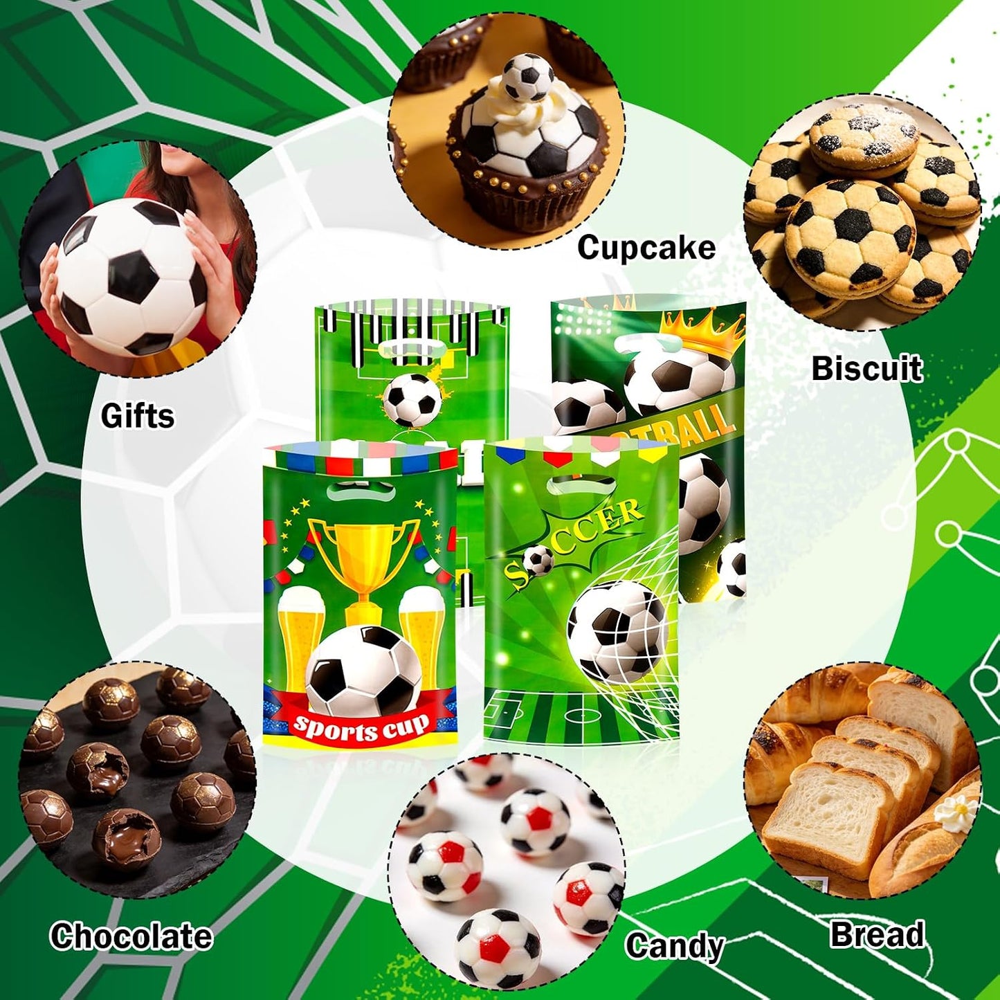 Konsait 50Pcs Soccer Goodie Bags with Handles, Football Themed Gift Bags for Birthday Party Favors, Team Celebrations and Game Day Decorations BST326L