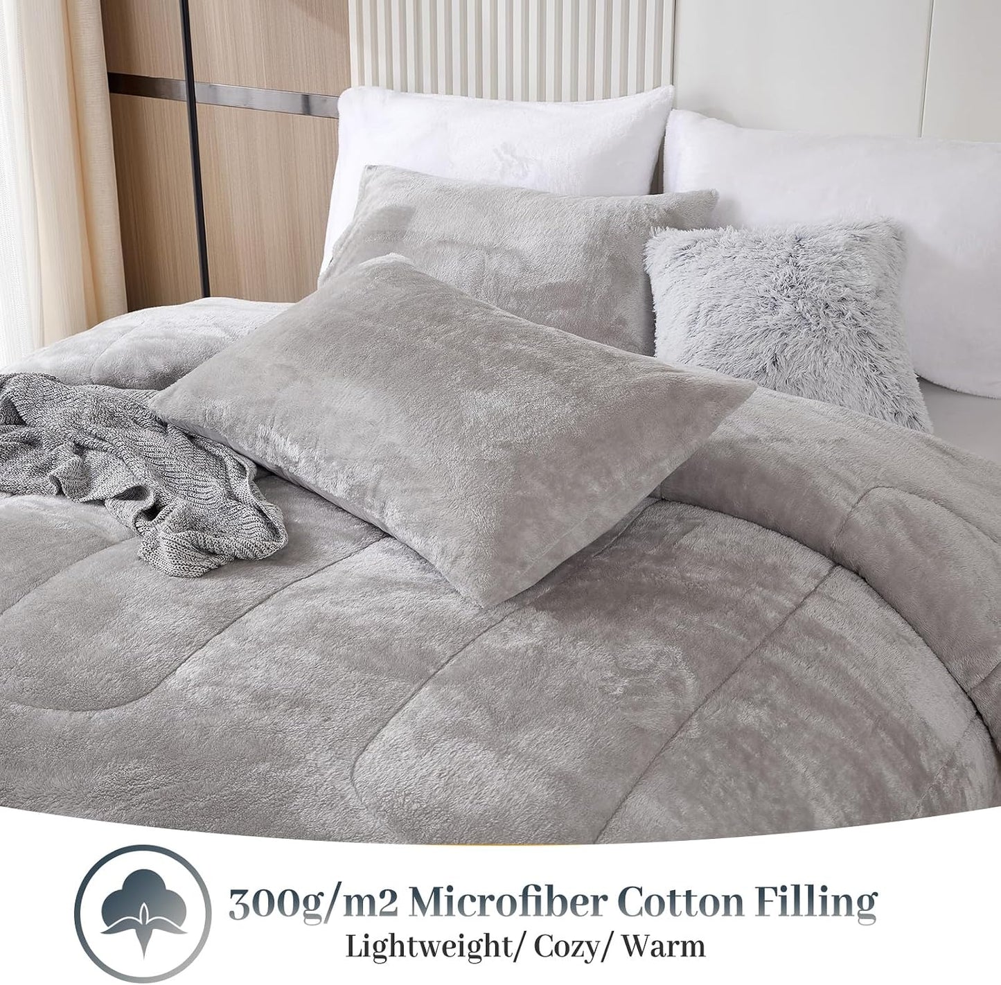 YIYEA Fluffy Queen Size Comforter Set, Luxury Faux Fur Comforter, Ultra Soft Plush Fuzzy Velvet Bedding Comforter Sets for Fall Winter, Cozy Warmth, No Shedding, 3PC, Queen, Light Grey BST326H