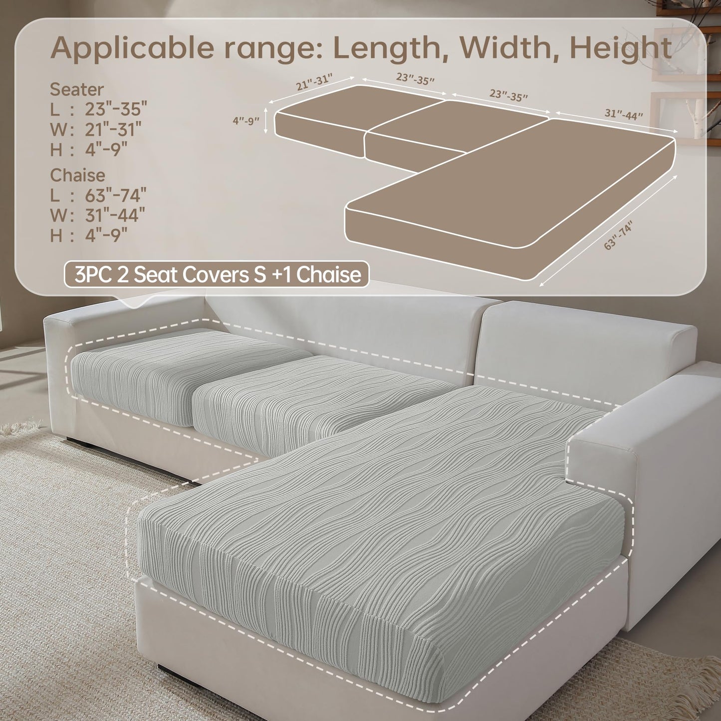 QIANMEW Couch Cushion Covers, Super Stretch Washable Sofa Slipcovers for L Shaped & Modular Seats, Pet-Friendly Furniture Protector with Stripe Design, (2 Seat Covers S, Dark Gray) BST326H