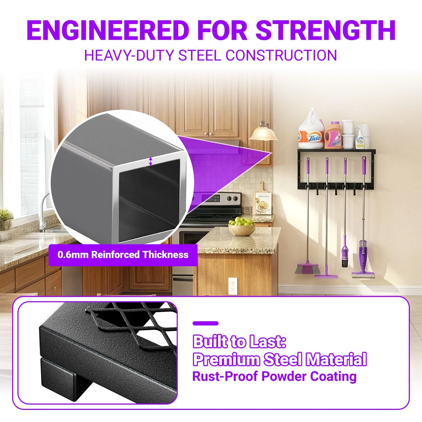 Heavy Duty Broom Holder Wall Mount with Cleaning Supplies Organizer, Space-Saving Laundry Room Organization and Storage Shelves, All-Metal Mop Hanger Broom Rack with Hooks, Garage Organizer Shelf