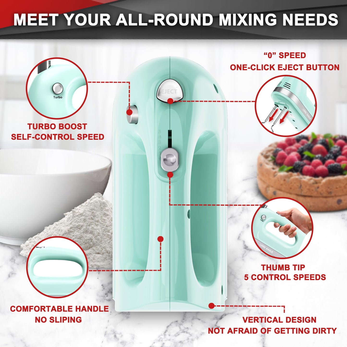 Lord Eagle Hand Mixer Electric Handheld 400W, 5-Speed Lightweight Kitchen Mixer with Storage Case, 5 Stainless Steel Attachments for Baking Cake Egg Cream Food Beater, Turbo+Eject Button, Pink