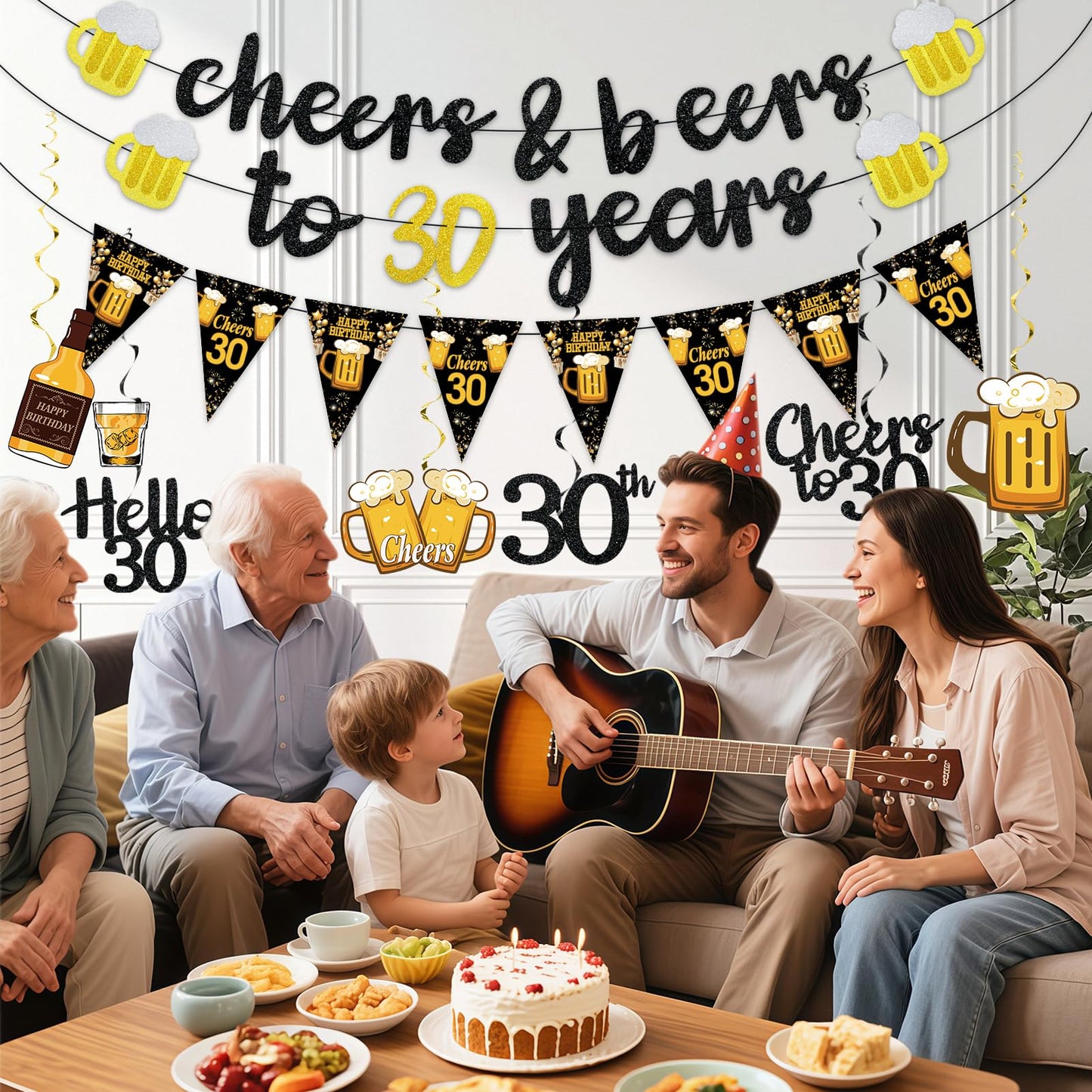 Black Gold 90th Birthday Decorations for Men Women, Glitter Pre-Strung Cheers to 90 Years Banner Hello 90 Hanging Swirls Paper Triangle Flag Banner Decorations Bday Party Supplies Kit WN420