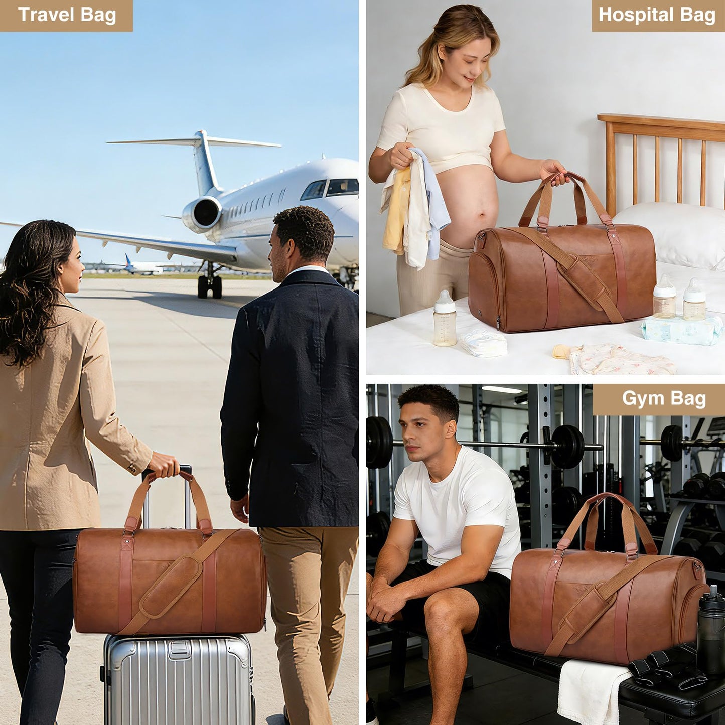 Large 4-in-1 Leather Duffle Bag for Travel Weekender Overnight Hospital Gym Bag for Men & Women, Carry On Airline Approved Personal Item Duffel Garment Bag Luggage with Shoe Compartment & Toiletry Bag BST326H