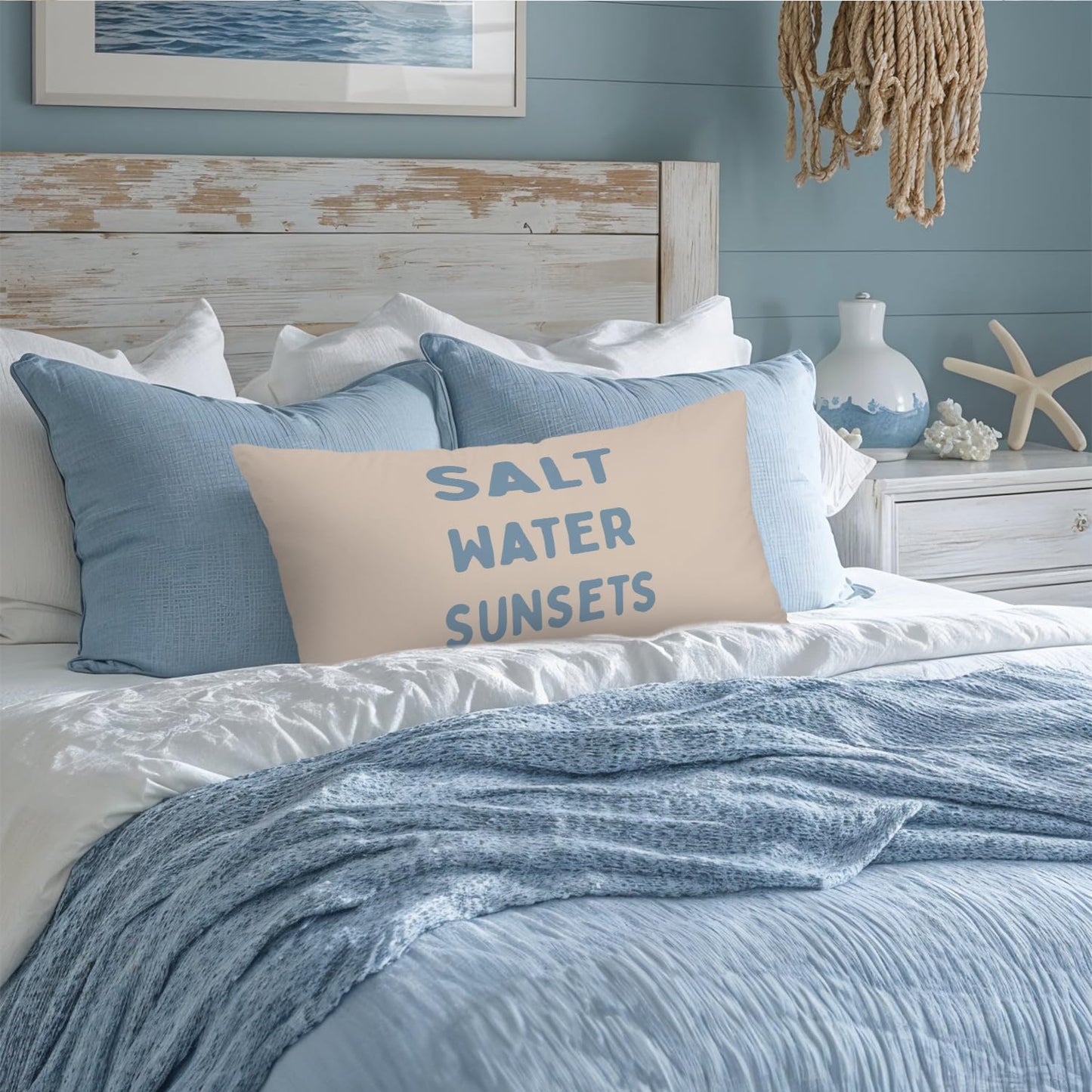 Coastal Beach Girly Room Decor 12x20 Pillow Cover, Preppy Beach Navy Blue Bikini Striped Decorative Lumbar Pillow Covers for Girls Bedroom College Dorm Sofa Couch BST326L