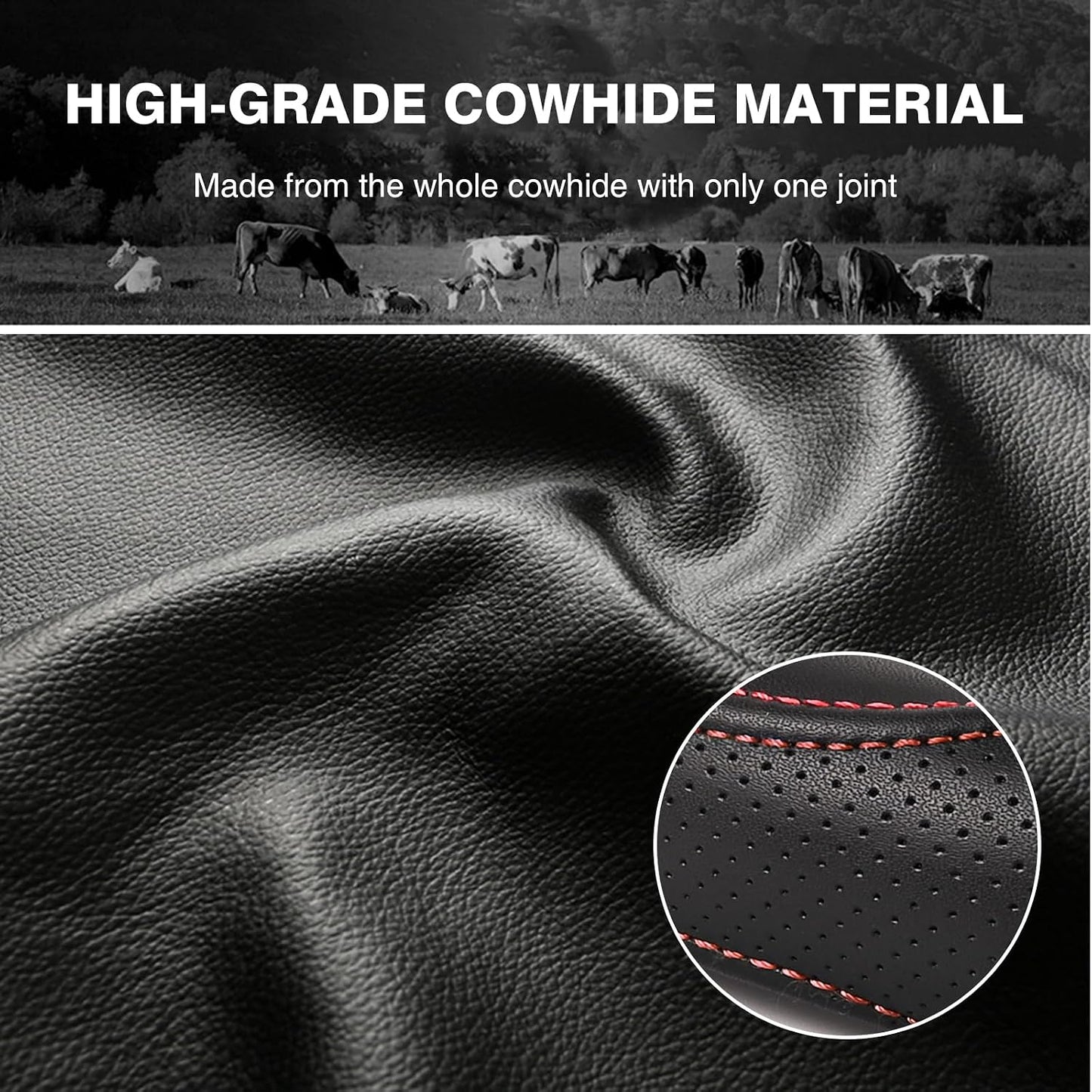 High-Grade Real Cowhide Steering Wheel Cover for Men Women，Black Genuine Leather Steering Wheel Cover for Cars,Universal 14.5-15 inch Steering Wheels WN420