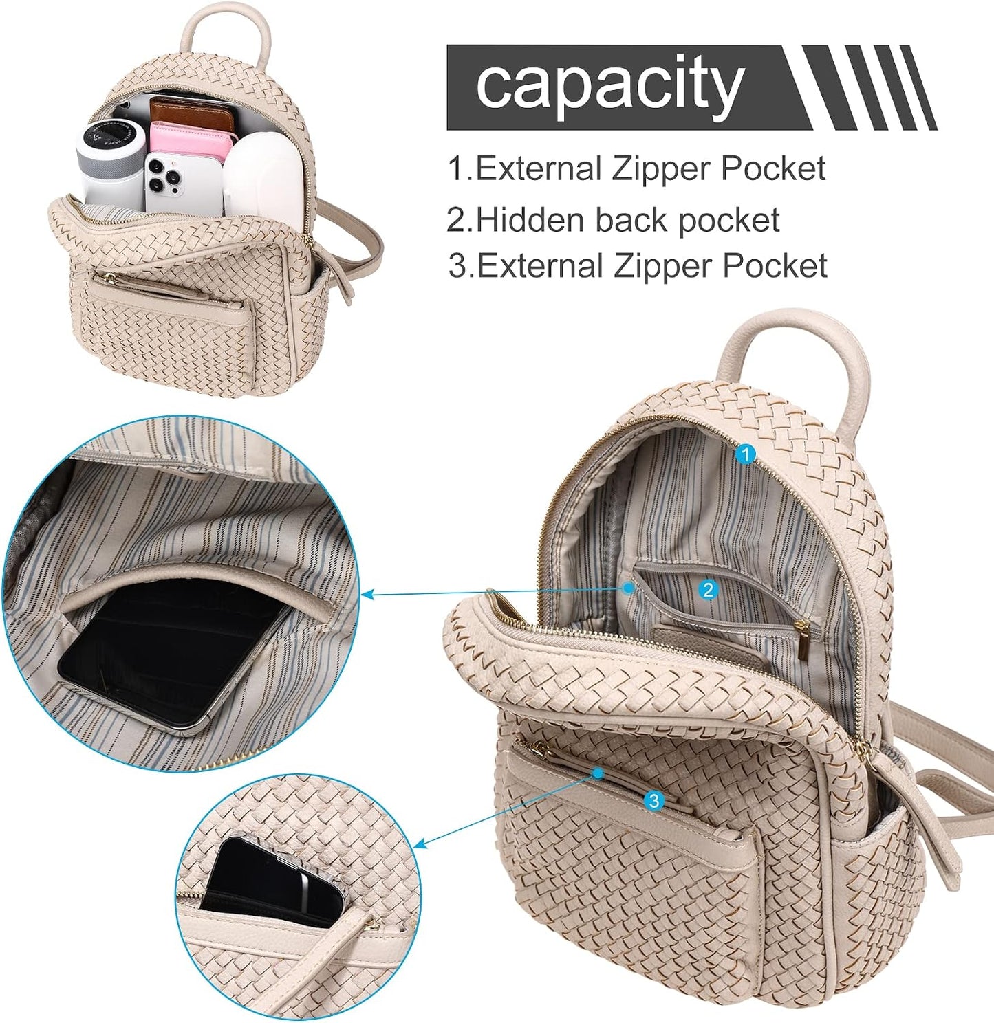 Mini Woven Backpack Purse for Women, Trendy Versatile Daypack, All-Match Fashion Bag,Spring Travel(Small Beige Woven) BST220
