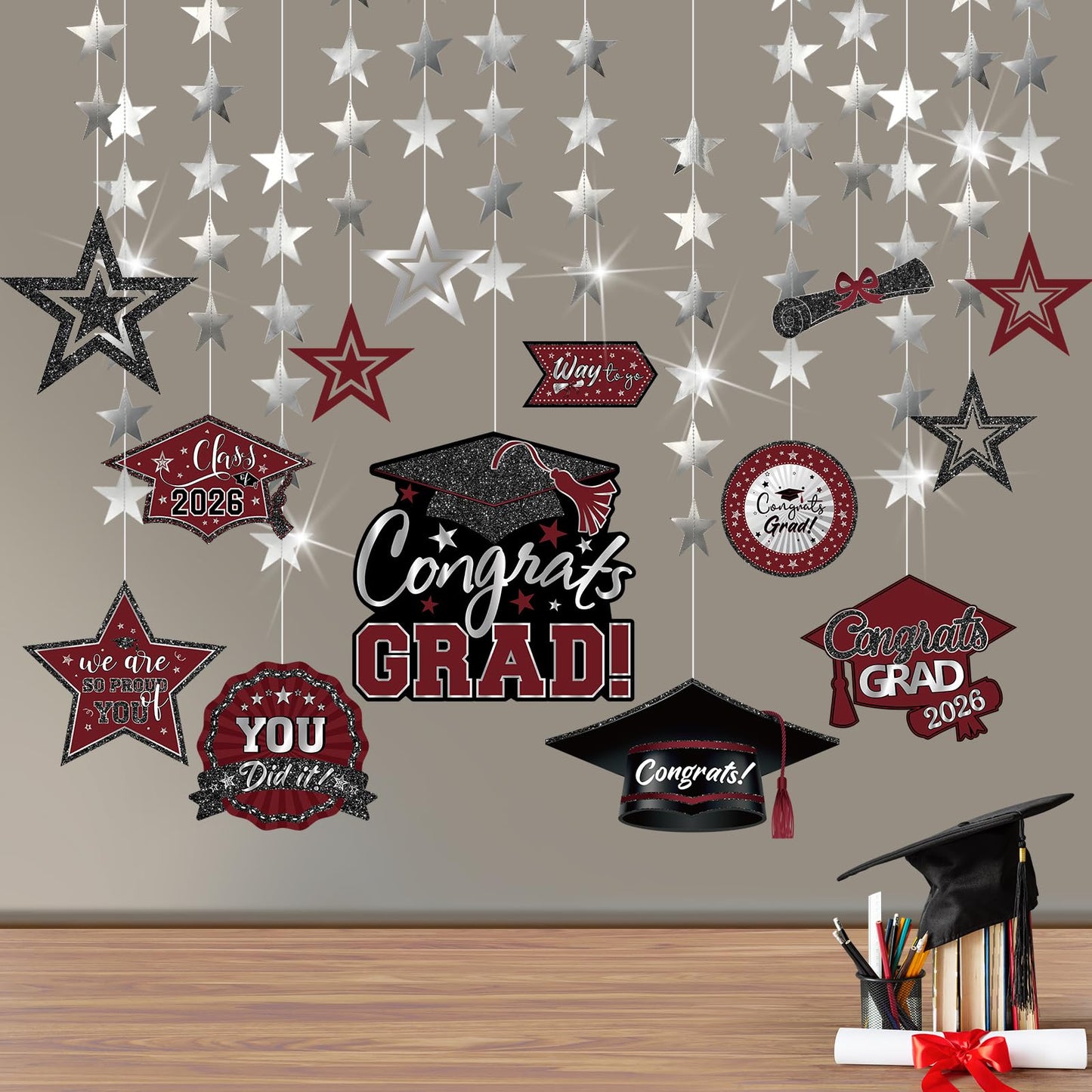 Yisong 14 Pcs Graduation Garland Class of 2026 Graduate Decoration Diploma Hat Star Congrats Garland Banner Congrats Grad Streamers Backdrop for Graduation Party Supplies College Grad Decor(Red) BST202