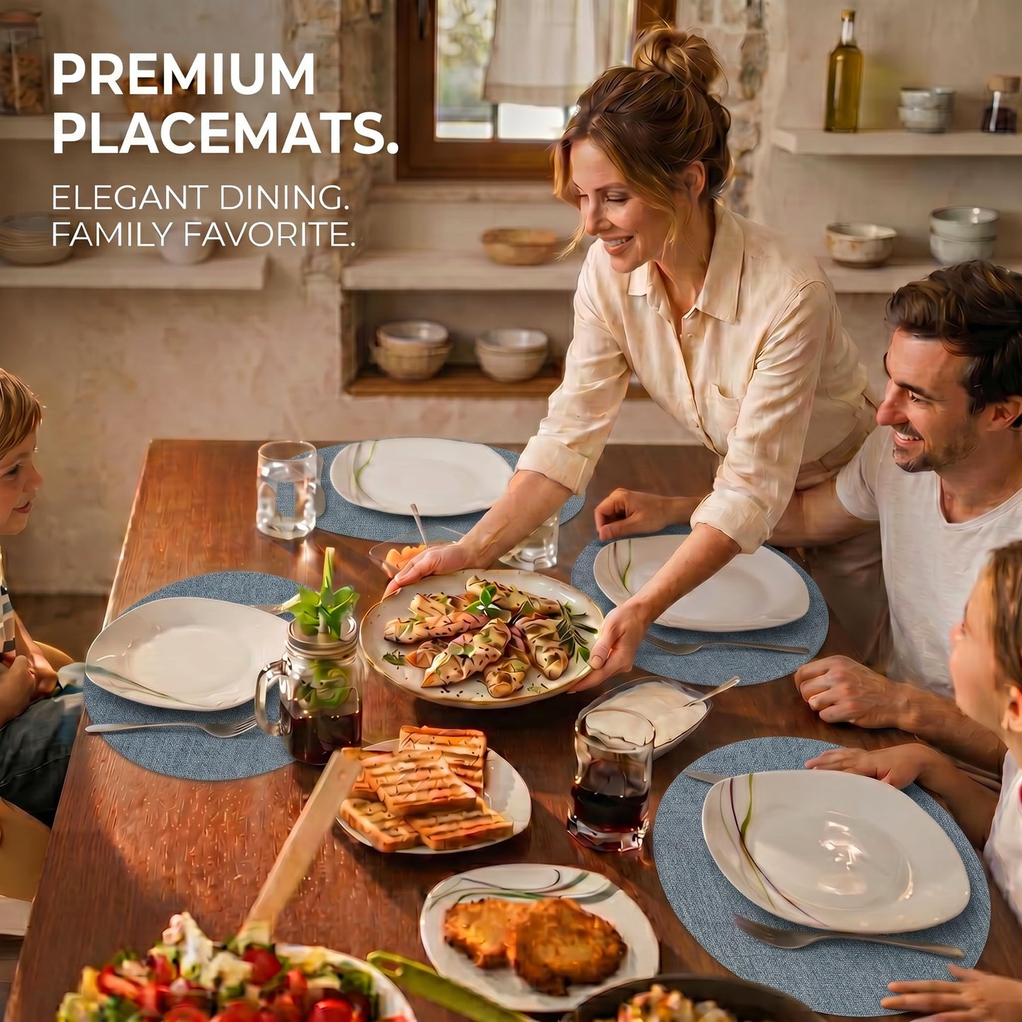 Faux Leather Placemats Set of 6, Wipeable Waterproof Stain Resistant Table Mats, Heat Resistant Thick Placemats with Hand-Painted Edges for Kitchen Dining, Imitative Linen Texture, Various Shapes BST326H
