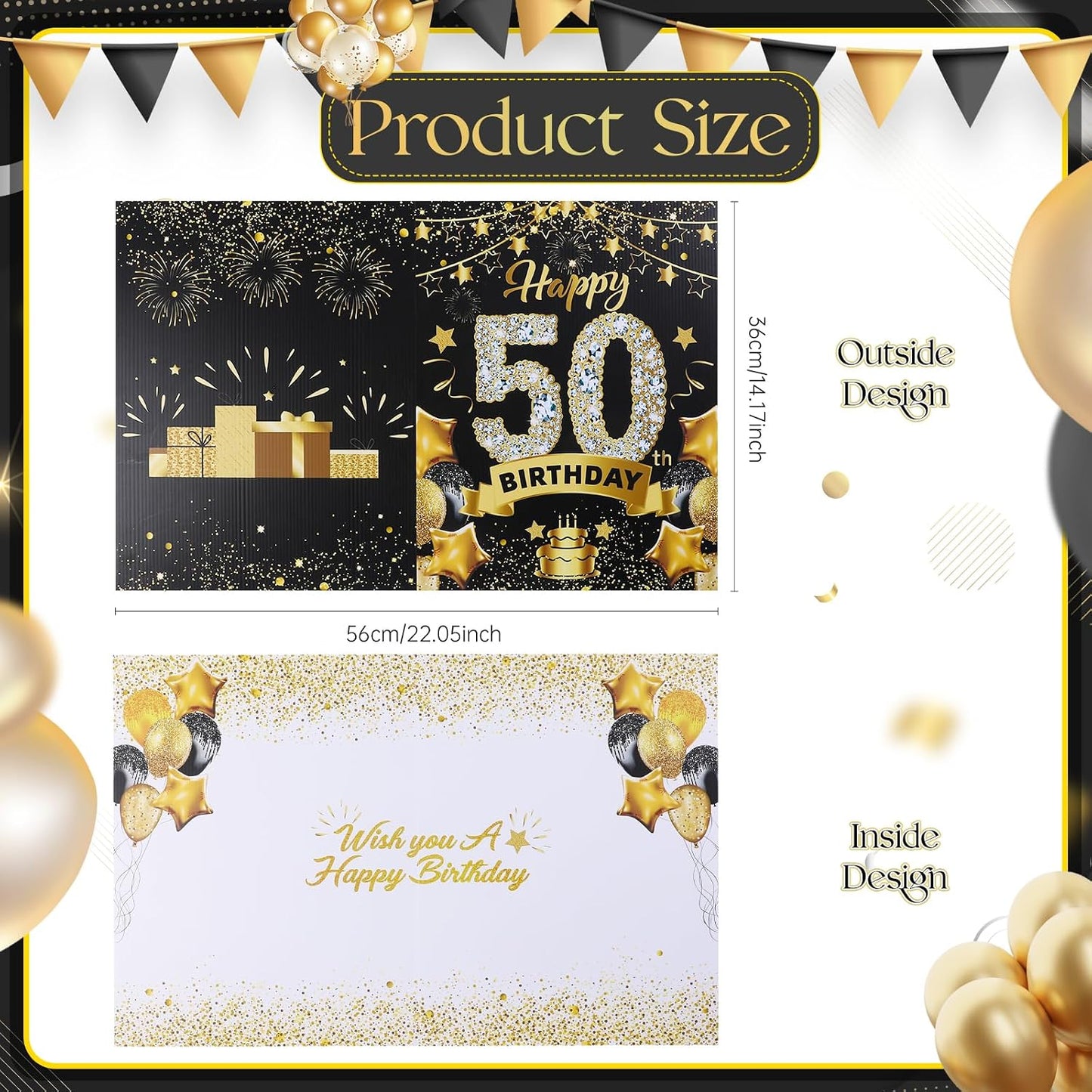 RUMIA 50th Birthday Greeting Card Large 50th Birthday Decorations Giant 50th Birthday Card Giant 50th Birthday Guest Signature Guest Book Black Gold 50th Birthday Party Decoration for Men Women WN420