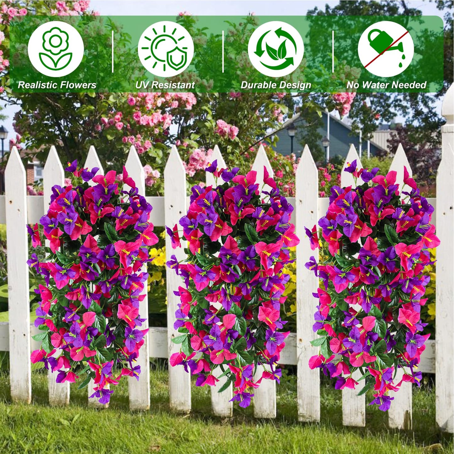 2 Pack Artificial Bougainvillea Flowers for Outdoors Decorations, Fake Hanging Plants, Faux Outside Flowers UV Resistant for Baskets Home Front Door Porch Patio Balcony Yard(Hot Pink) BST202