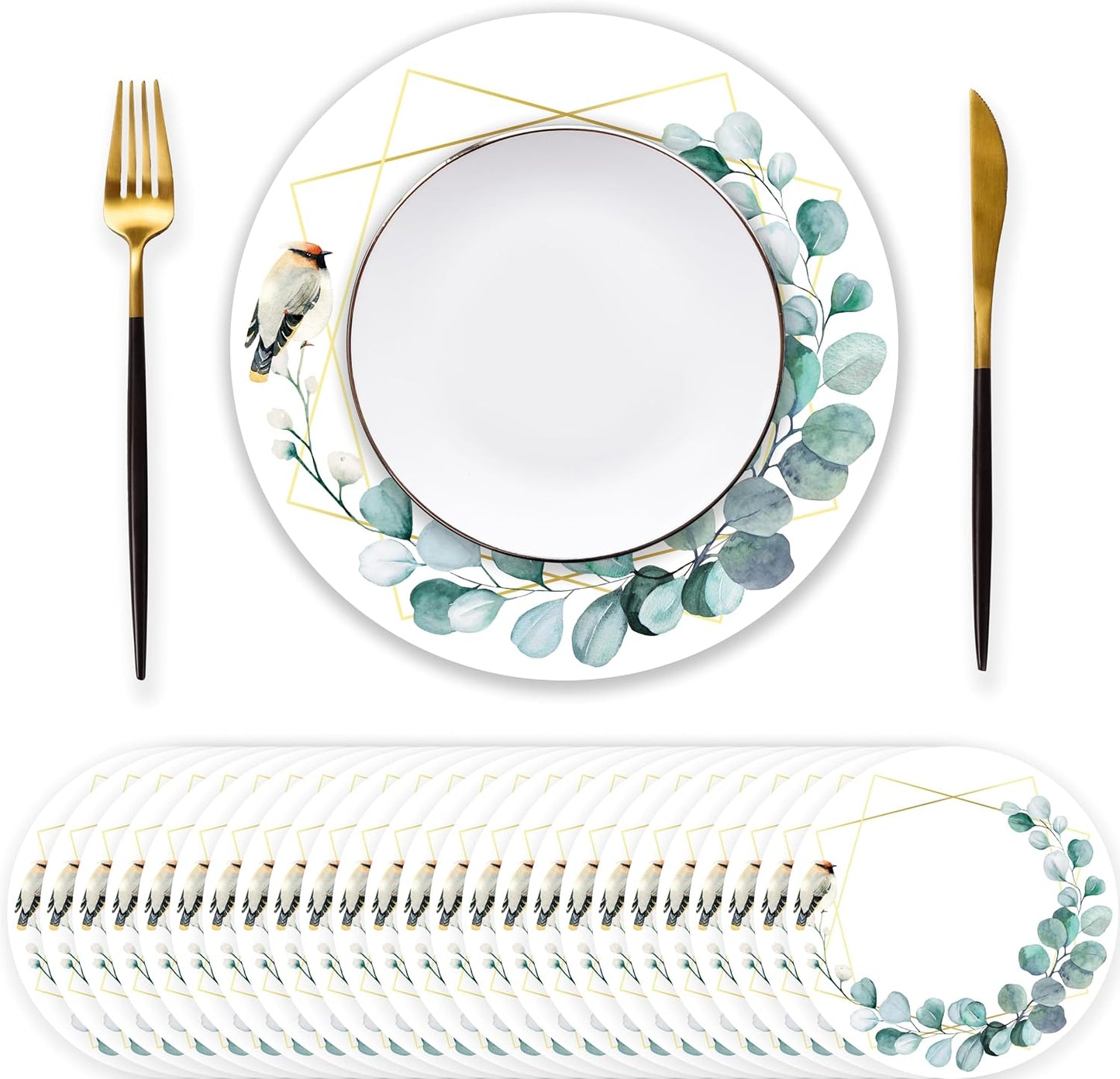 48 PCS Paper Placemats, Disposable Round Table Mats Greenery Eucalyptus Leaves Design Tableware Decoration for Birthday, Banquet, Wedding, Baby Shower Party, Home Dining BST220