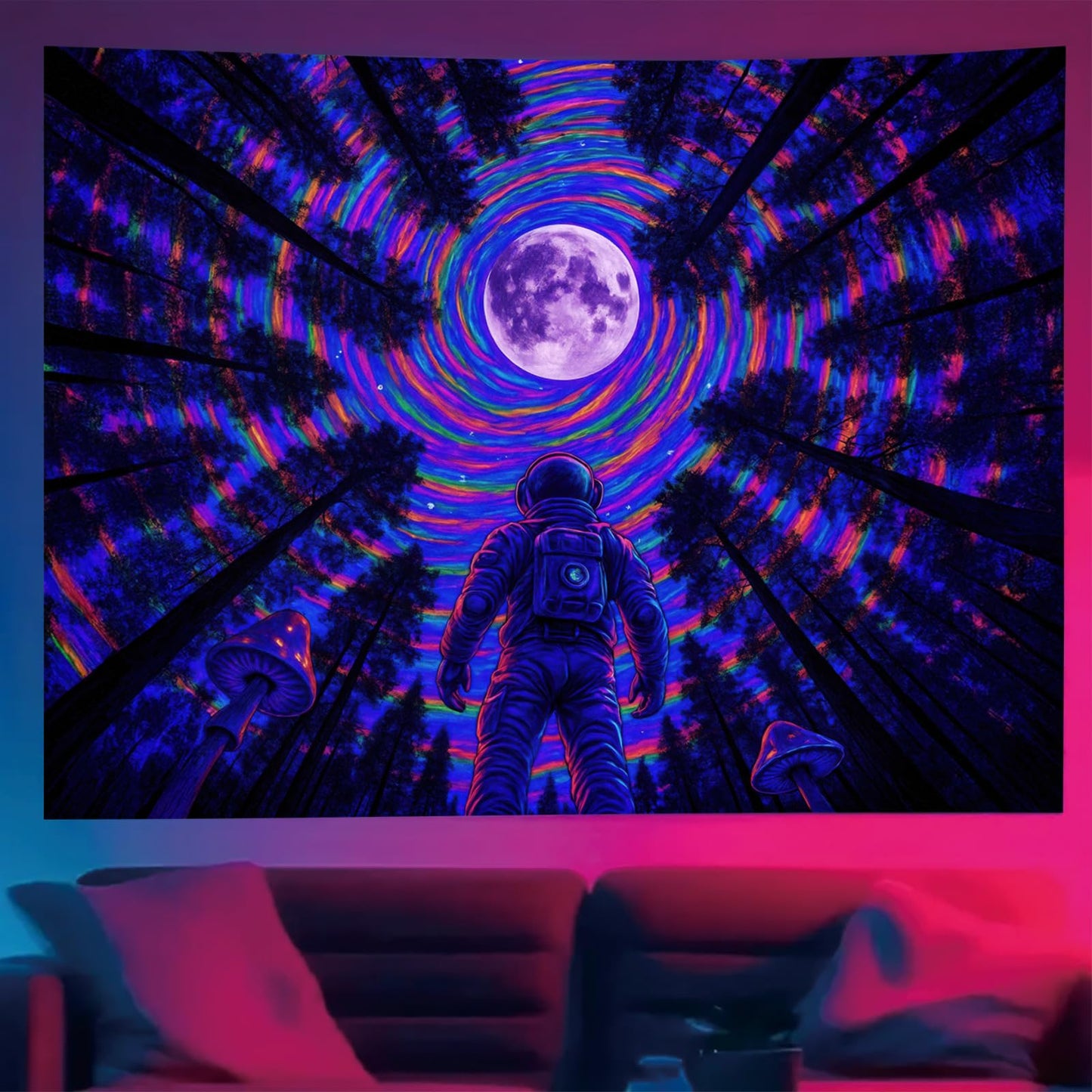 Starlit Patio Astronaut Blacklight Tapestry Trippy Forest Moon Vortex UV Reactive Galaxy Wall Hanging Psychedelic Space Poster Fluorescent Sci Fi Room Decor for Bedroom Dorm Gaming Lounge 78 x 59 Inch BST220