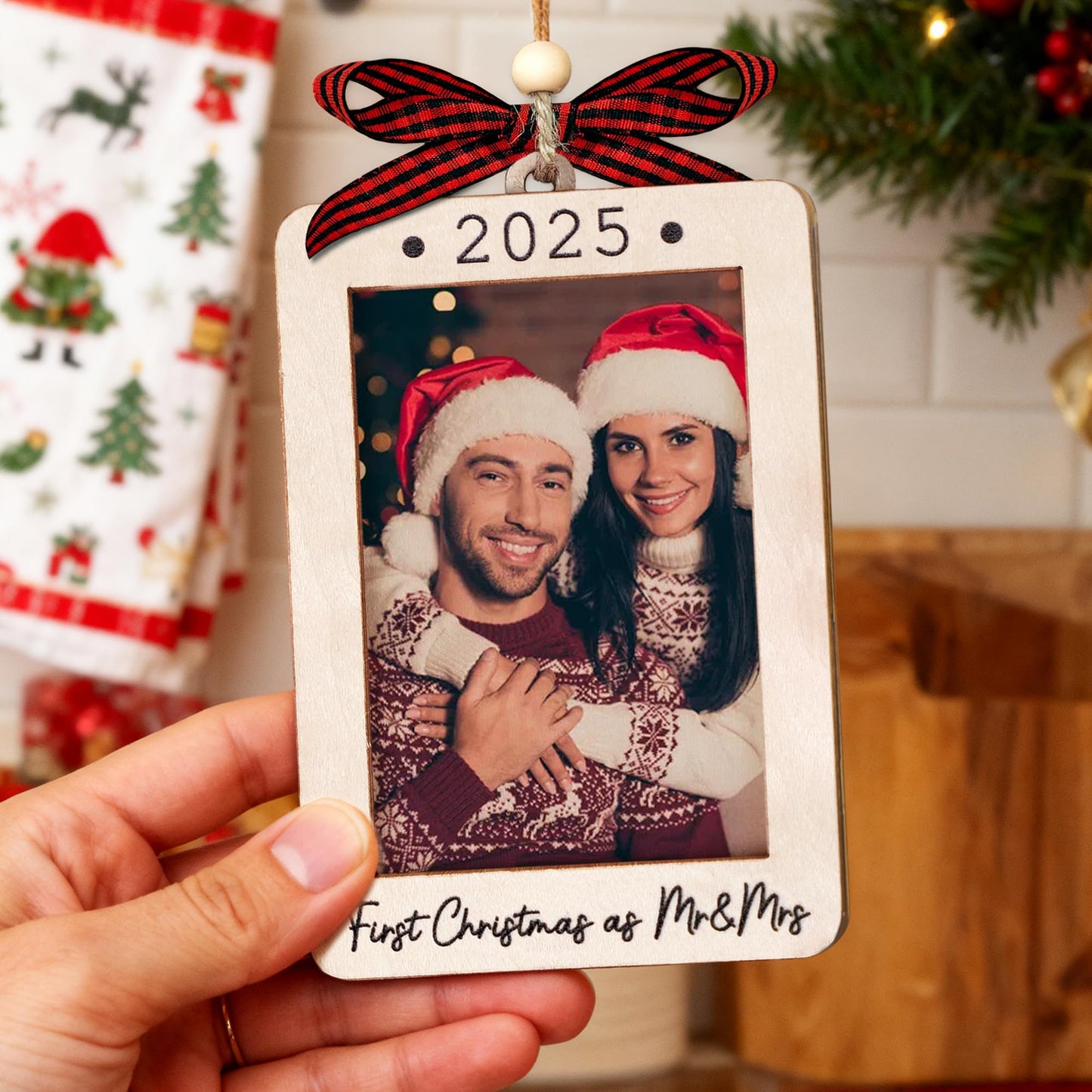Hangwoous Baby's First Christmas Photo Frame Ornament 2025 | Wooden portrait frame keepsake, first Christmas photo gift for baby BST202