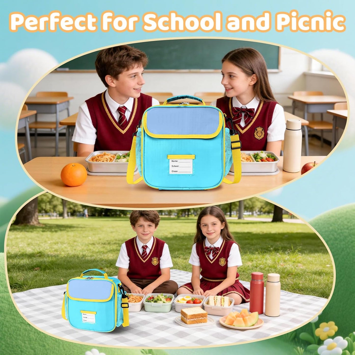 Lunch Bag for Kids Insulated Lunch Boxe for Boys Girls Small Reusable Cooler Tote Lunchbag Back to School Cute Lunchbox for Teens (light blue) WN420