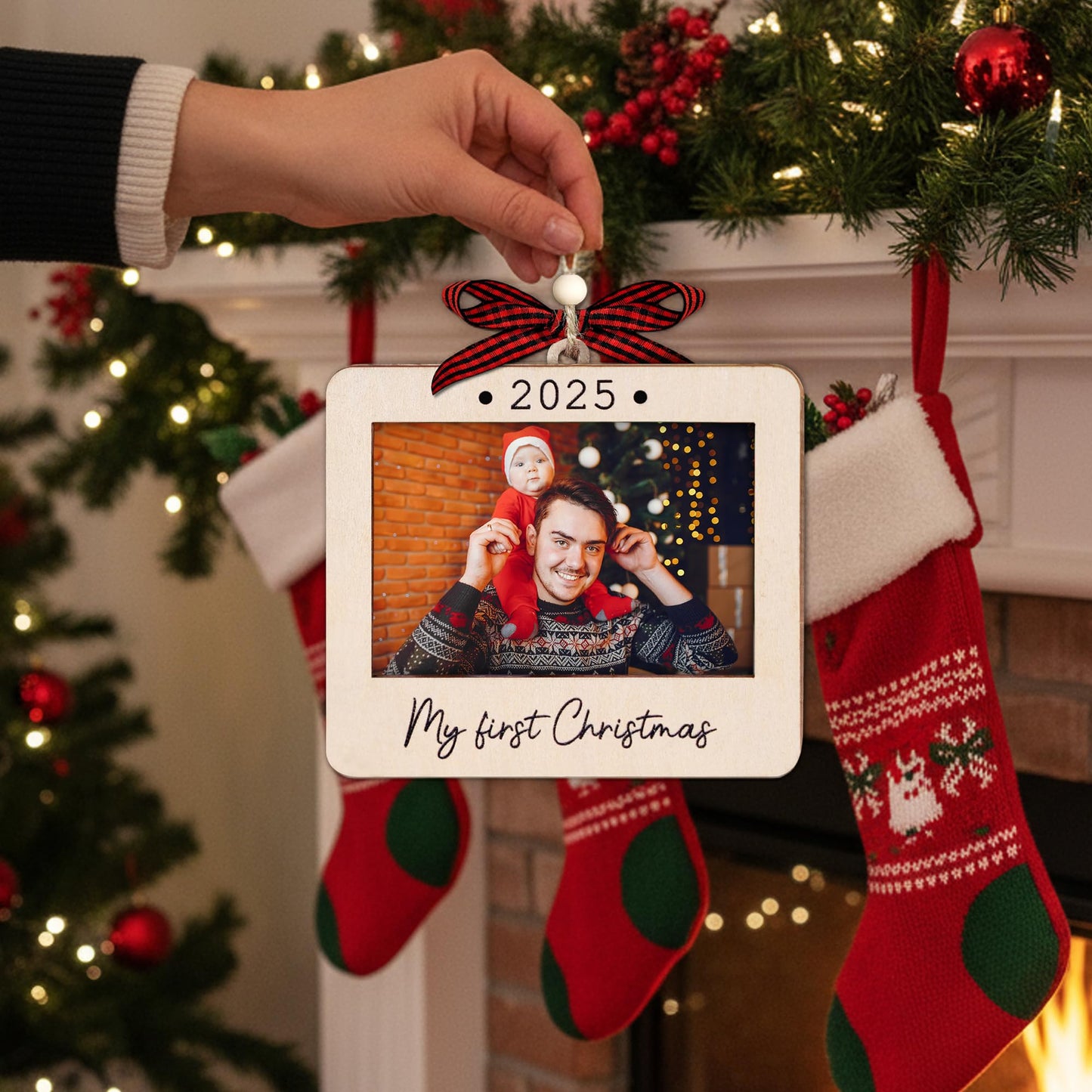 Hangwoous Baby's First Christmas Photo Frame Ornament 2025 | Wooden portrait frame keepsake, first Christmas photo gift for baby BST202