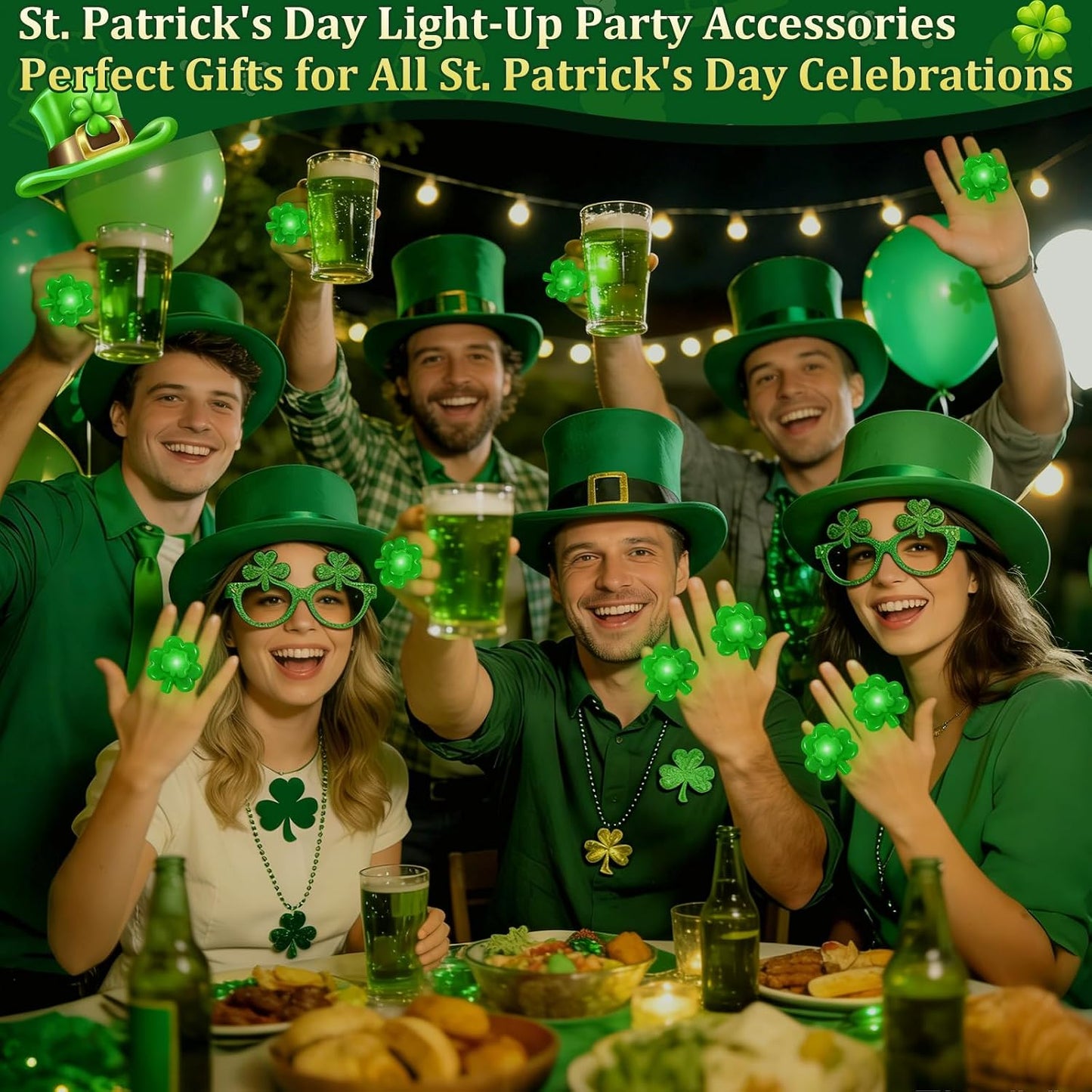iGeeKid 24 Pack St. Patricks Day Green Shamrocks LED Light Up Ring for Adults St. Patricks Party Accessories Favors LED Finger Lights Glow in The Dark Carnival Party Supplies Gift Toy WN420