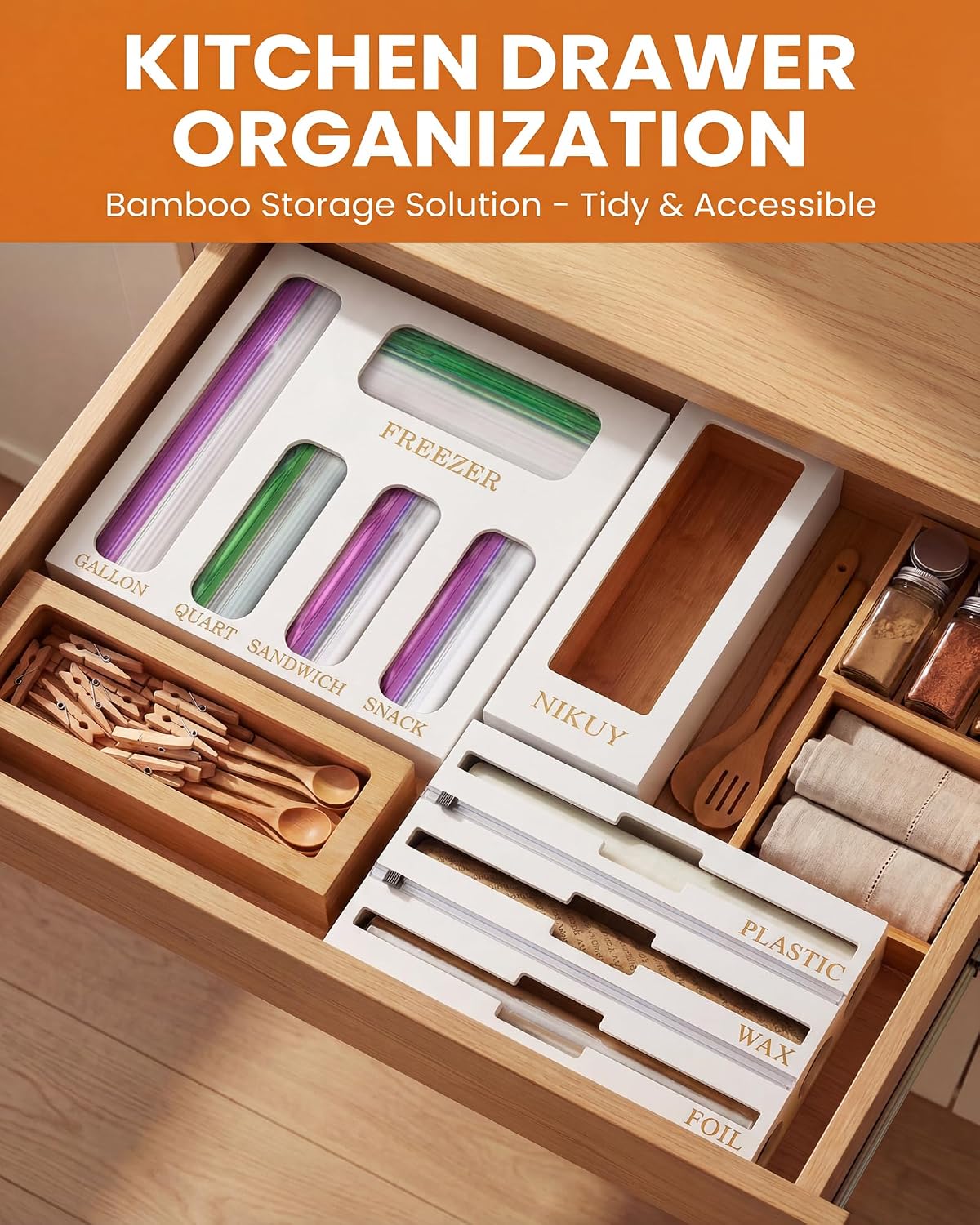 Bamboo Foil and Plastic Wrap Organizer for Kitchen Drawer, 9 in 1 Plastic Bag Organizer Organization and Storage, Food Storage Bag Organizer with Labels for Quart Gallon Snack (White) DD1210