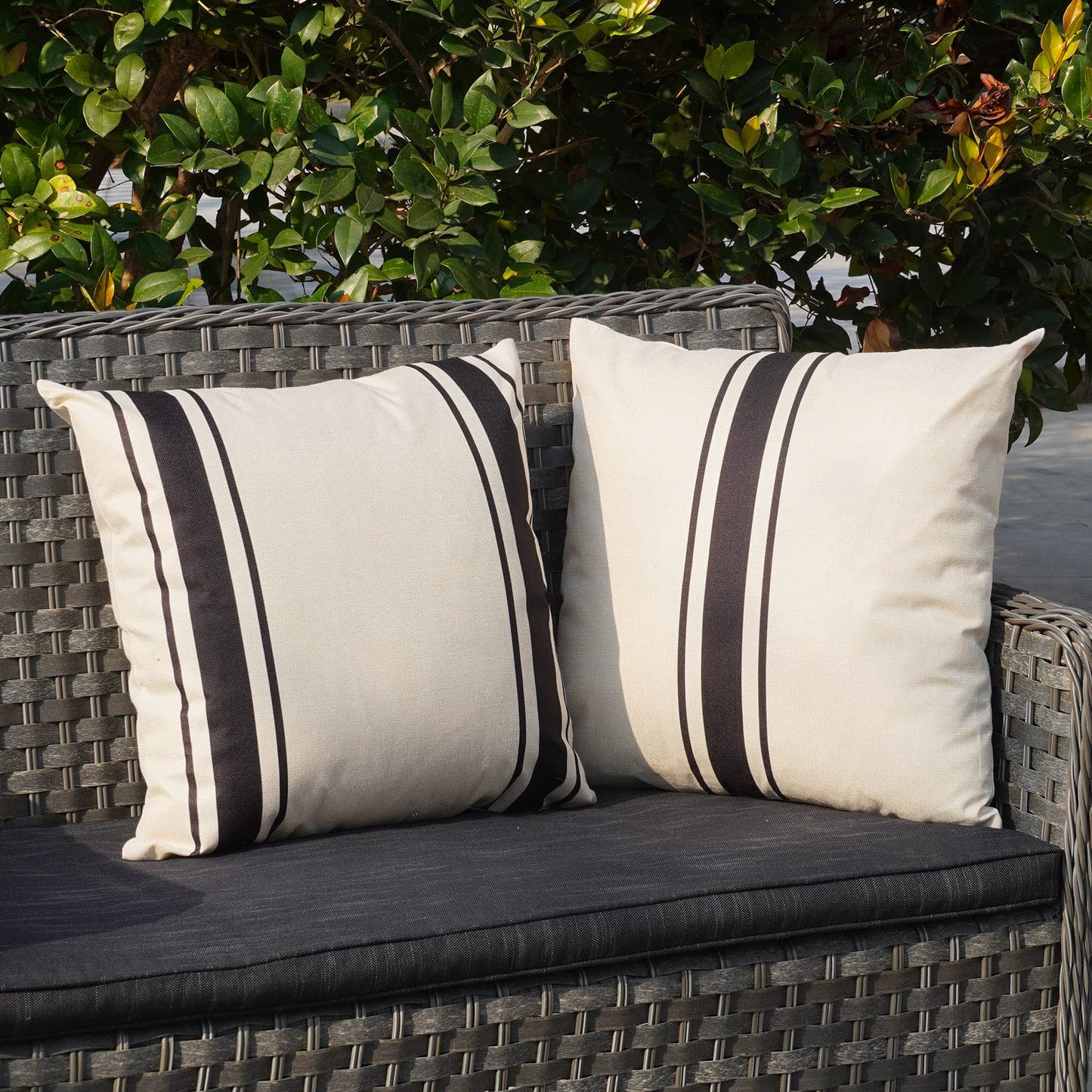 ONWAY Outdoor Pillow Covers Waterproof 18x18 Set of 2 Decorative Linen Throw Pillow Cover Beige and Black Striped Outdoor Pillows for Patio Furniture BST220
