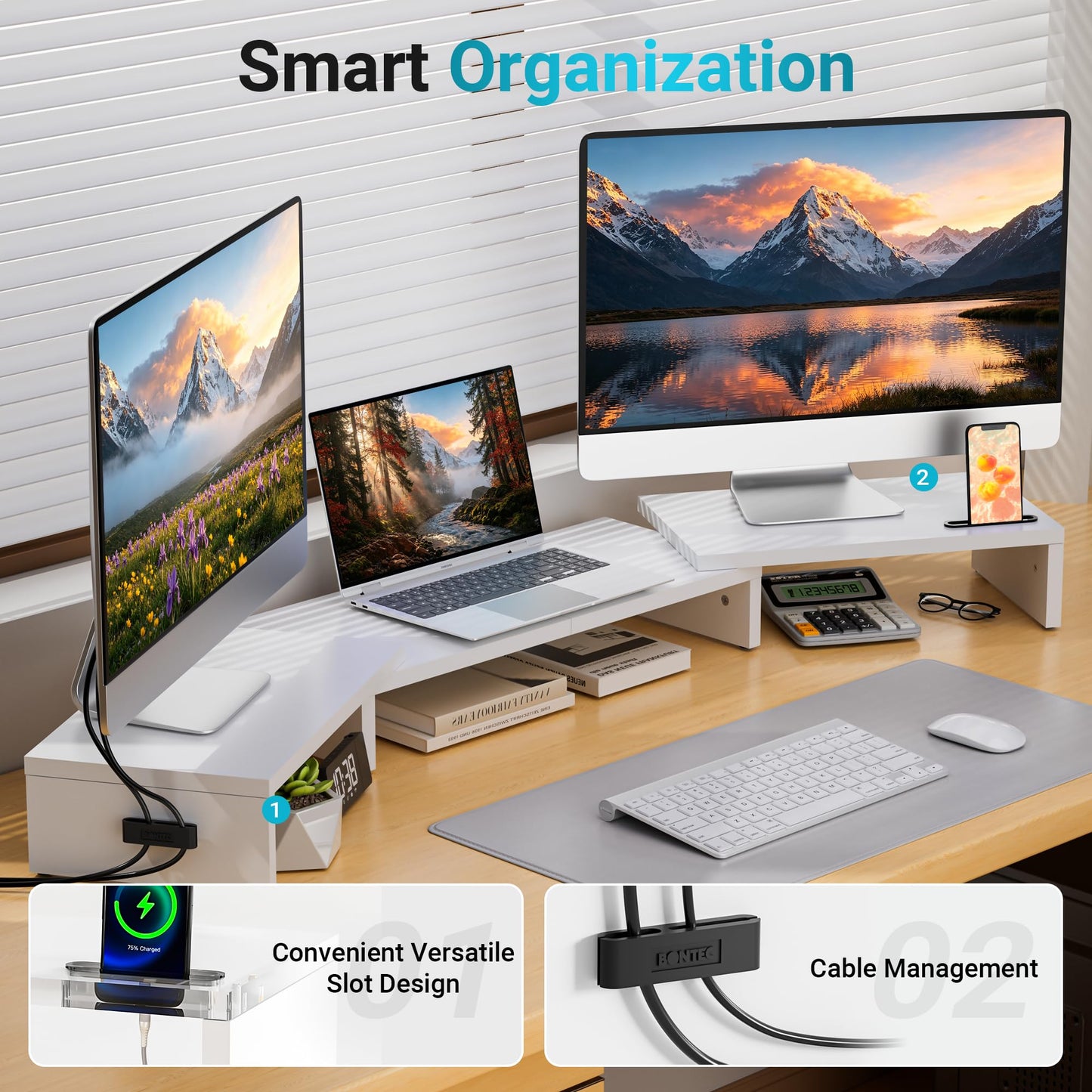 BONTEC Dual Monitor Stand Riser, Adjustable Length & Swivel Angle, Pink | Ergonomic Wooden Desktop Organizer with Smartphone Holder, Computer Monitor Stand for PC, Laptop, Printer and Large Storage BST202
