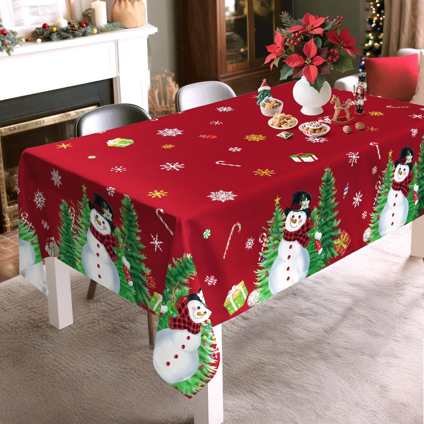 Christmas Tablecloth Waterproof, Red Snowman Snowflake Table Cloth Rectangle, Washable Table Cover for Christmas Party Home Kitchen Decoration (60×120 Inch) BST202