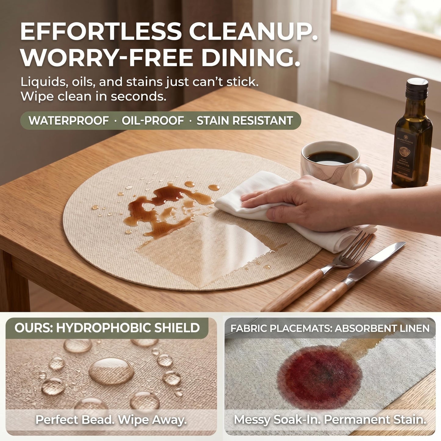 Faux Leather Placemats Set of 6, Wipeable Waterproof Stain Resistant Table Mats, Heat Resistant Thick Placemats with Hand-Painted Edges for Kitchen Dining, Imitative Linen Texture, Various Shapes BST326H