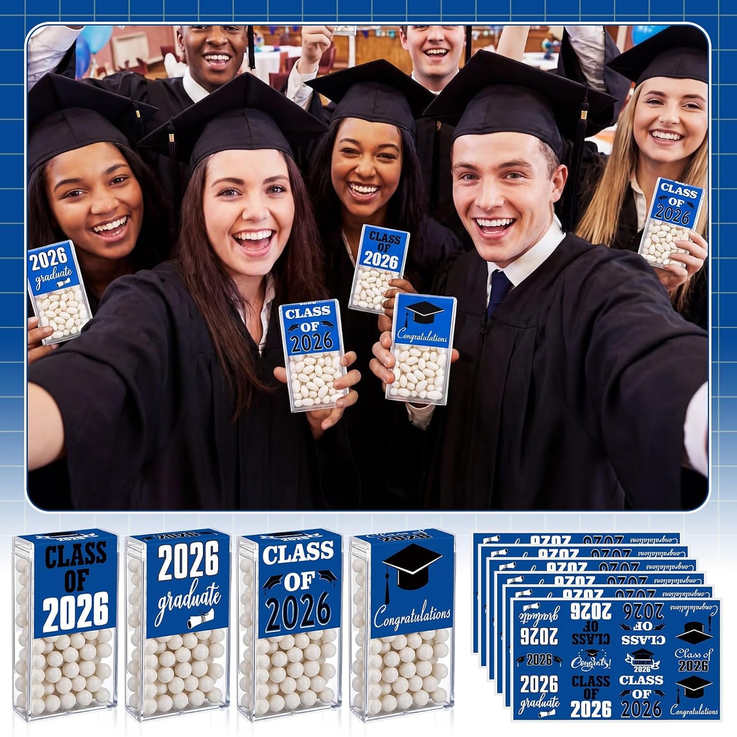 AceOrbit 2026 Graduation Candy Jar Bulk for 24 Guest 3.54 Inch Empty After Dinner Candy Tube Buffet Container Acrylic Box with Sticker for Class of 2026 End of Year Gifts Multi-item Party Favor(Blue) WN420