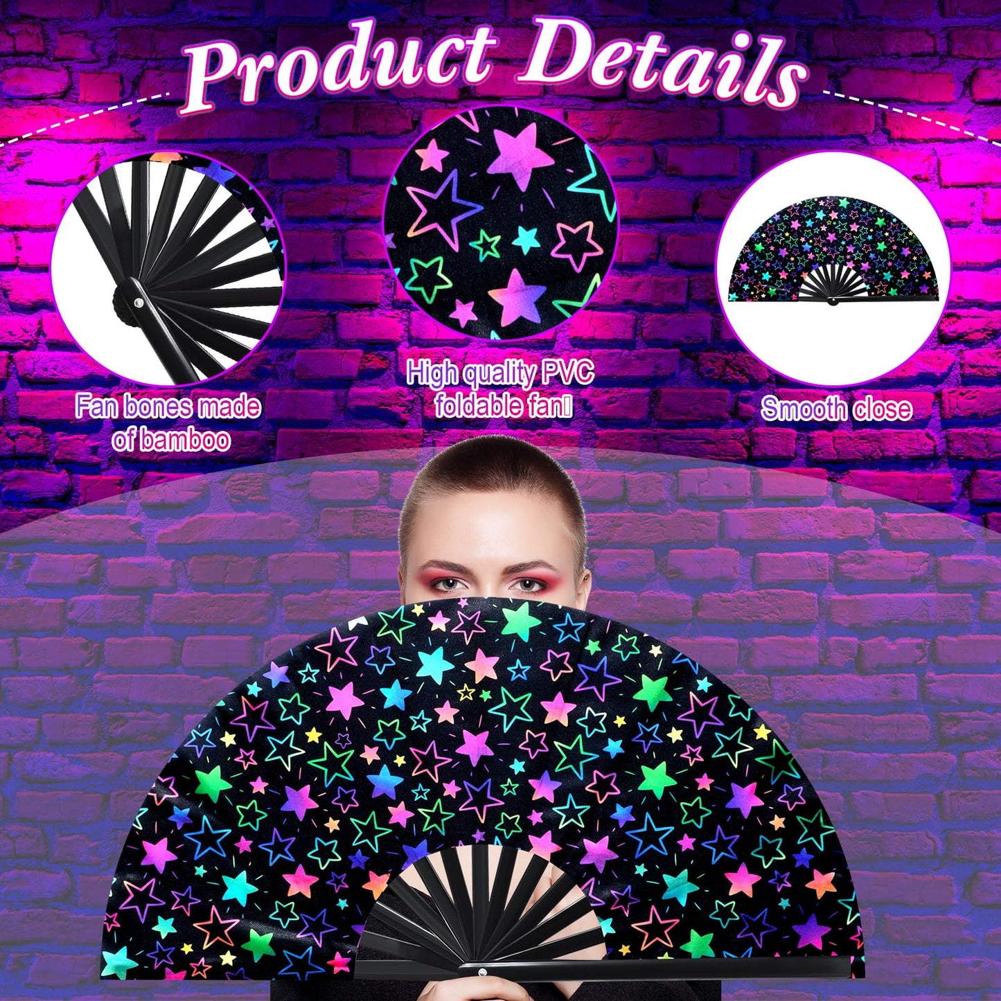 FairySandy Large Rave Fan UV Glow Clack Summer Hand Fan with Thigh Holster for Women Carnival Party Supplies for Carnival Edm Music Festival Club Accessories(Cool Style,Black) WN420