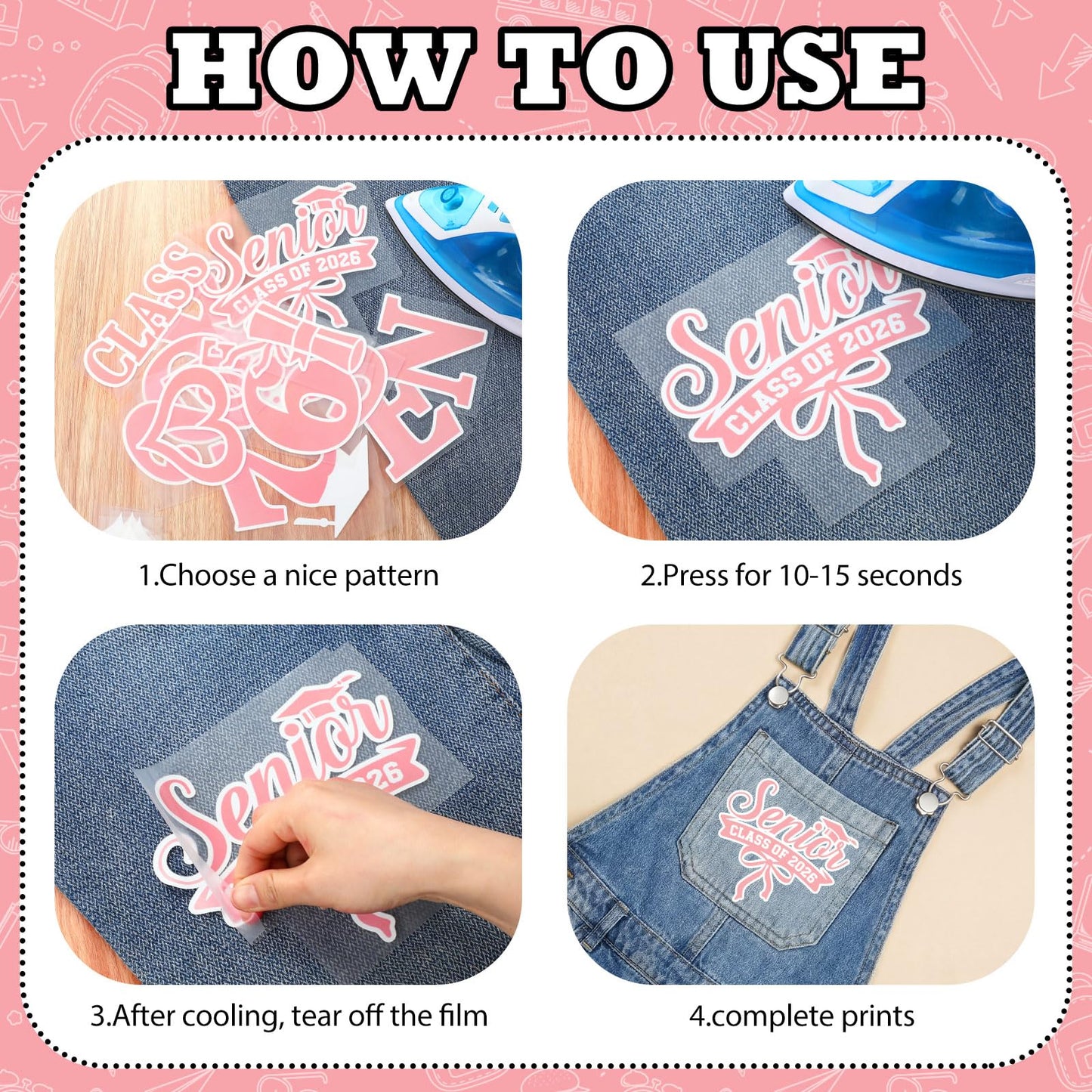 Solsew 6 Sets Class of 2026 Iron on Transfers for Overalls, Senior 2026 Iron on Patches Heat Transfer Stickers for Class Group Graduation Party Bib Pants Jeans Decorations(Pink) BST202