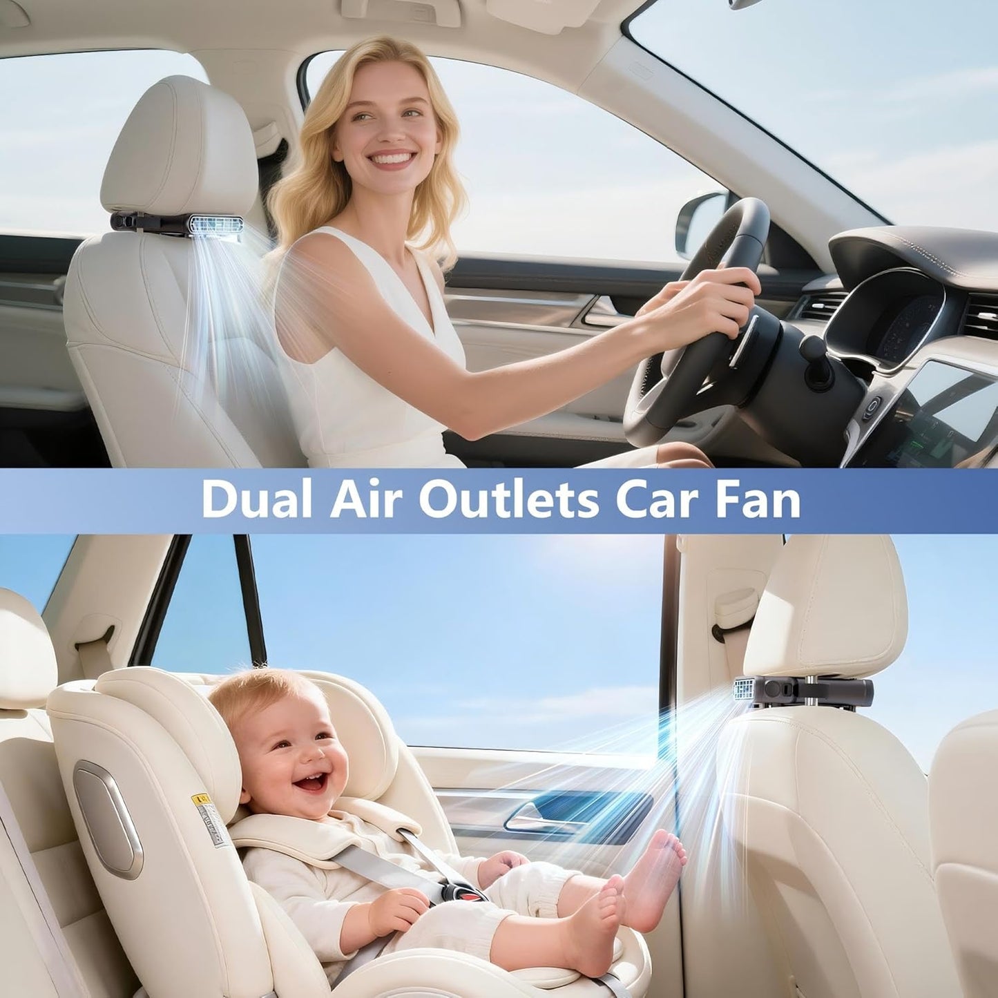 ElfTrip Car Seat Fan with Dual Air Outlets, USB Car Fans for Backseat for Kids for Driver Passenger, Stronger 3 Speeds, Forward or Backward Airflow, Fits in Most Car SUV Trucks(1 Pack No Battery)