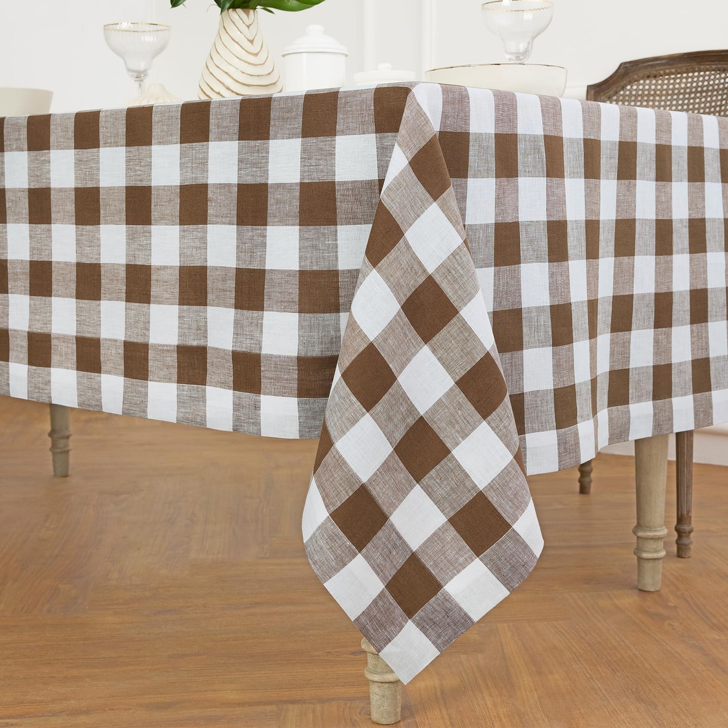Solino Home 100% Pure Linen Rectangular Tablecloth Pink Check, 60 x 120 in | Buffalo Check Linen Table Cloth for dining and entertaining | buffalo checkered weave | Marshmellow Pink | OEKO-TEX Certified BST326SOLH