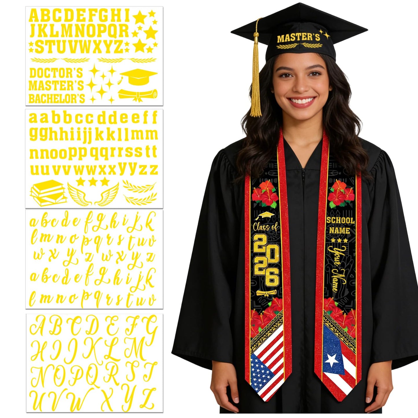 Dazoratix Filipino Graduation Stole 2026 - Philippines American Flag Sash Personalized Custom Glitter Iron on Letters Patches DIY Customize Transfer Stickers for Senior Student School Grad Decorations BST326L