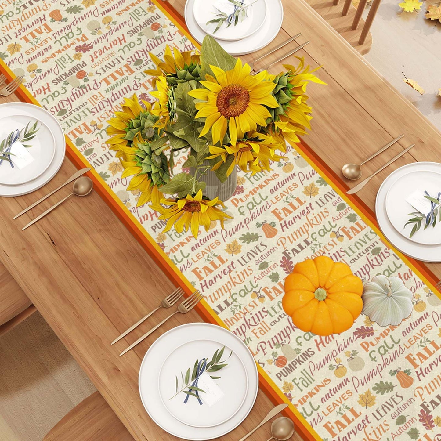 Fall Table Runner-Farmhouse Fall Leaves Pumpkin Table Decor Autumn Thanksgiving Home Kitchen Dining Room Table Decorations 13x36 Inch BST220