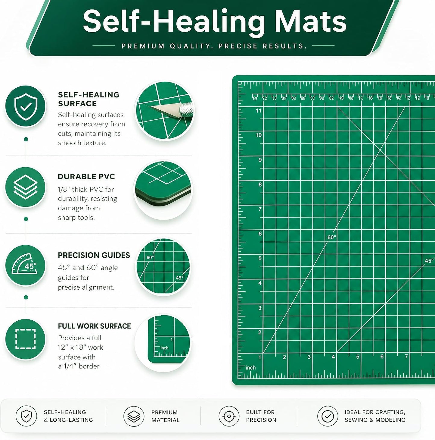 Self Healing Cutting Mat 11x17 Inch (A3) - Double Sided 5-Ply Craft Board for Sewing, Quilting, Scrapbooking & Fabric Cutting - Heavy Duty Hobby Desk Protector Pad, Green BST326H