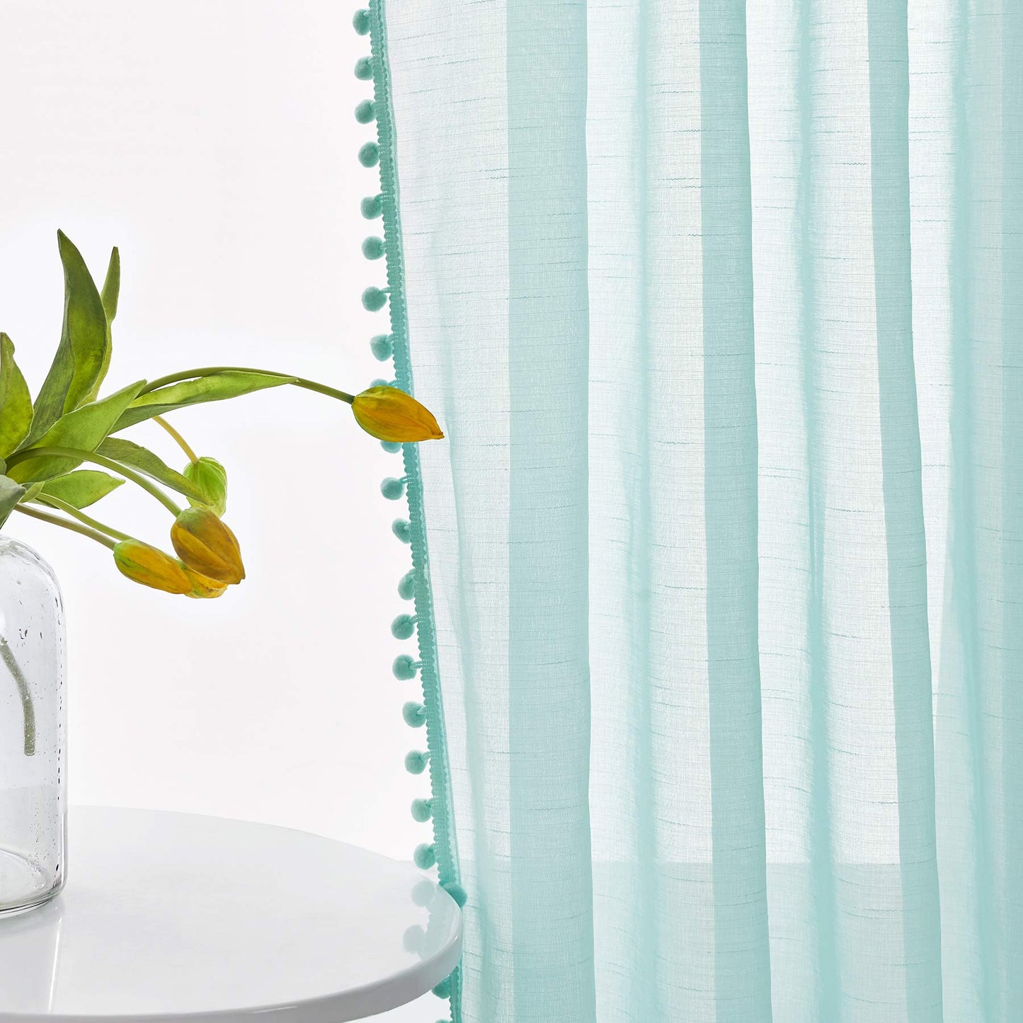 Treatmentex Pom-Pom Grey Sheer Curtains for Bedroom 63" Window Drapes Rod Pocket Textured Sheer Curtain for Kids Room 52" w 2 Panels BST202