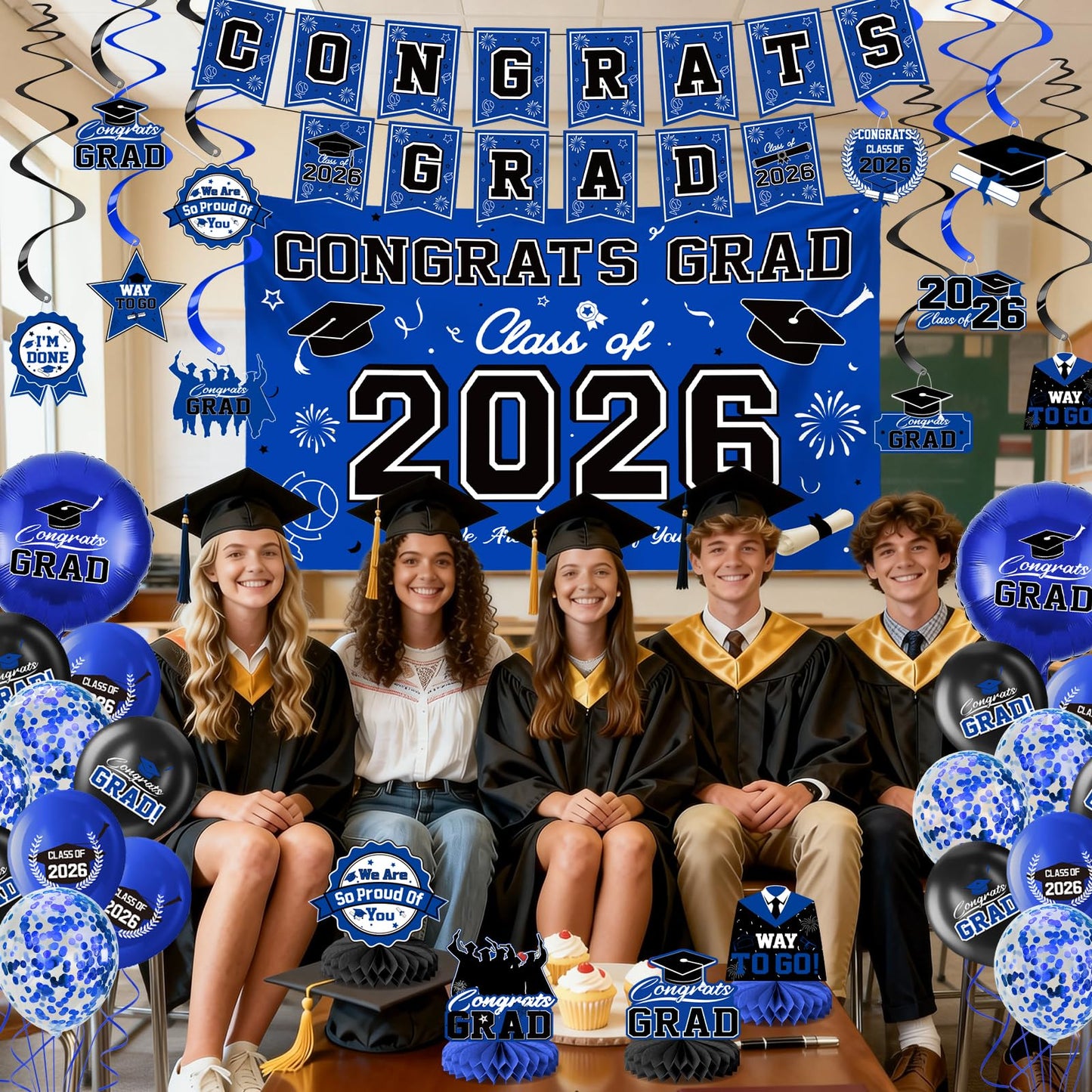 Graduation Decorations 2026-Black and Gold Graduation Party Decorations Supplies Class of 2026 with Graduation Banner, Backdrop, Balloons, Centerpieces, Hanging Swirl for Grad Party BST326H