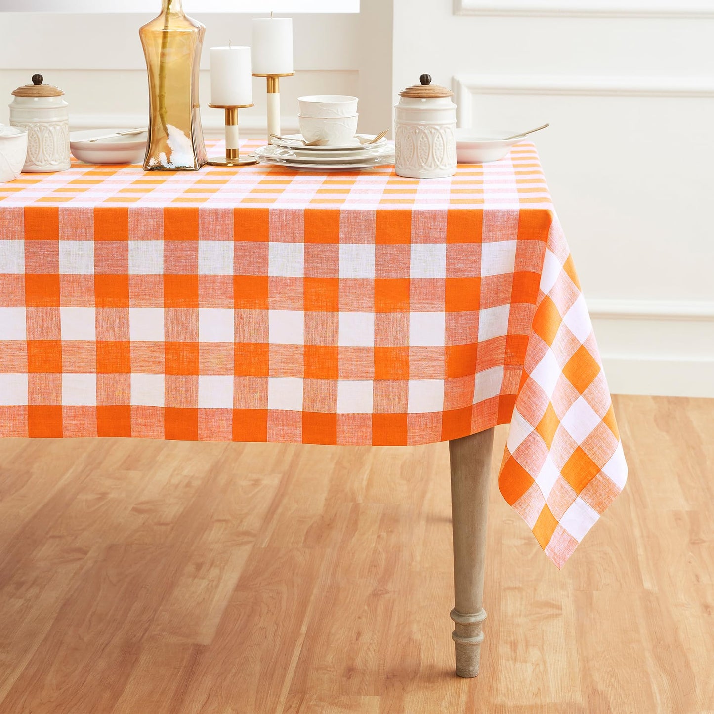 Solino Home 100% Pure Linen Rectangular Tablecloth Pink Check, 60 x 120 in | Buffalo Check Linen Table Cloth for dining and entertaining | buffalo checkered weave | Marshmellow Pink | OEKO-TEX Certified BST326SOLH