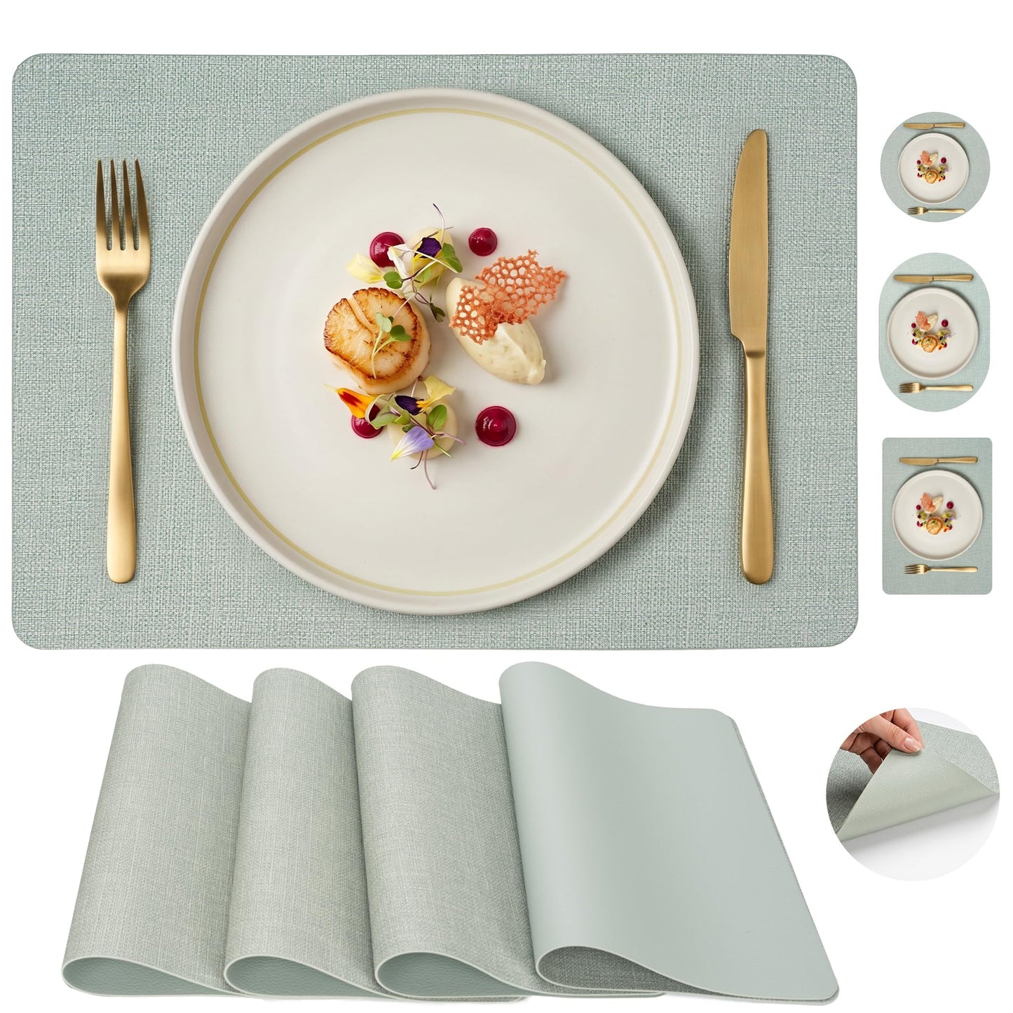 Faux Leather Placemats Set of 6, Wipeable Waterproof Stain Resistant Table Mats, Heat Resistant Thick Placemats with Hand-Painted Edges for Kitchen Dining, Imitative Linen Texture, Various Shapes BST326H
