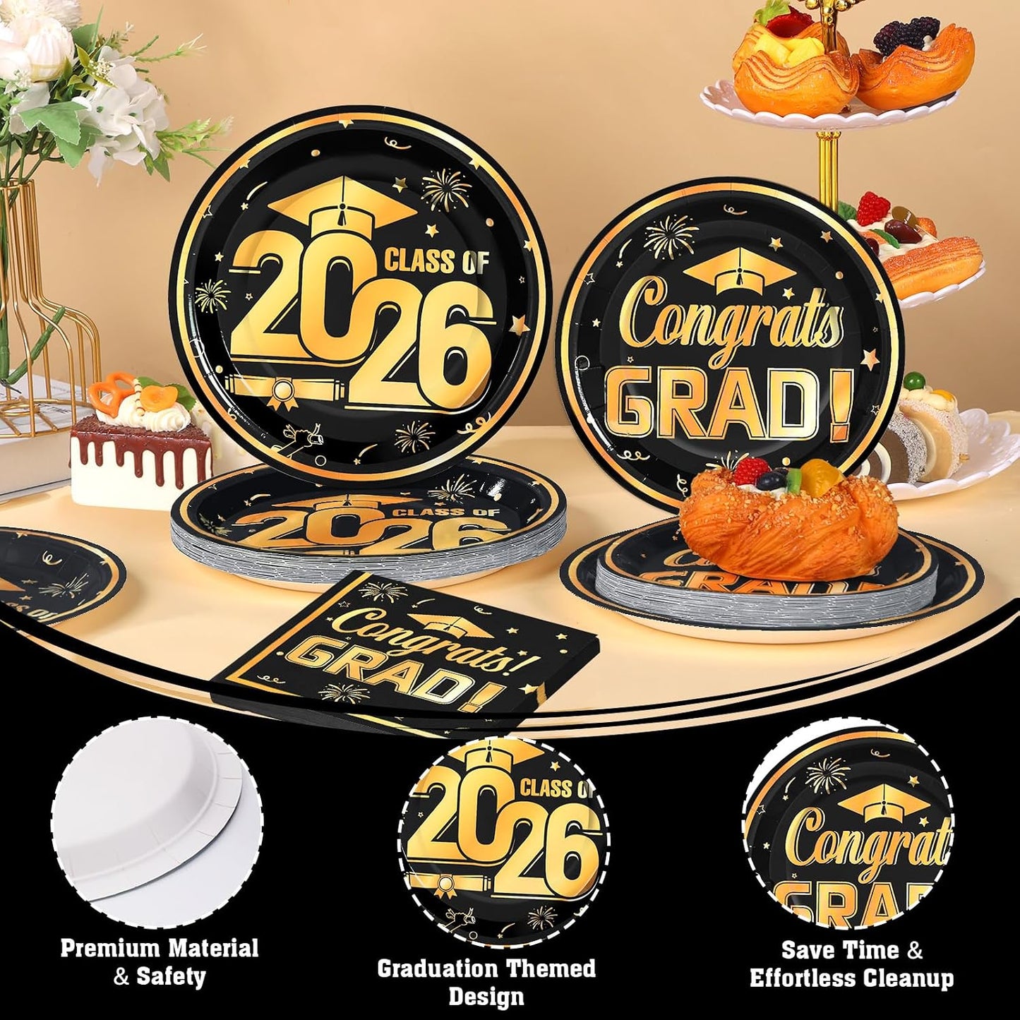 60Pcs Black Graduation Plates and Napkins 2026, Black and Gold Congrats Grad Class of 2026 Paper Plates Napkins Sets for College High School Graduation Party Decorations,Serves 20 BST326L
