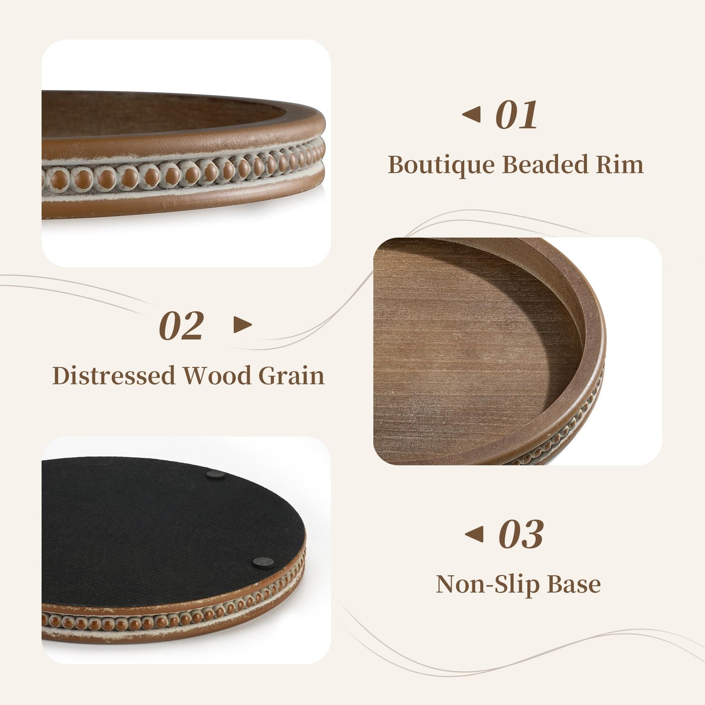 Hanobe Decorative Tray for Coffee Table: 10.5-Inch Round Whitewashed Wood Tray for Rustic Farmhouse Living Room Kitchen Island Entryway Home Decor BST326H