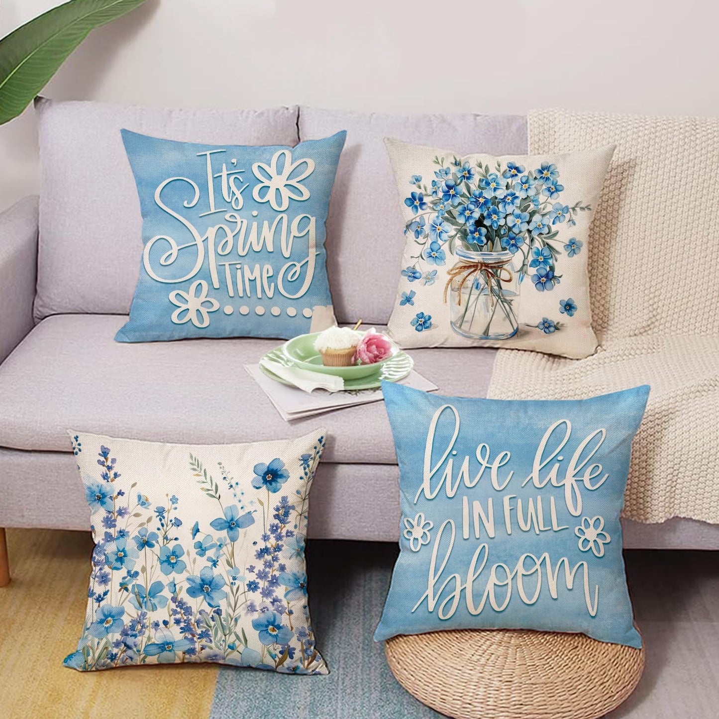 Spring Summer Daisy Flower Decorative Throw Pillow Covers | 18 x 18 Set of 4, Home Sweet Home Floral Wreath Watering Can Boots Porch Home Decor, Live Laugh Love Farmhouse Sofa Couch BST202