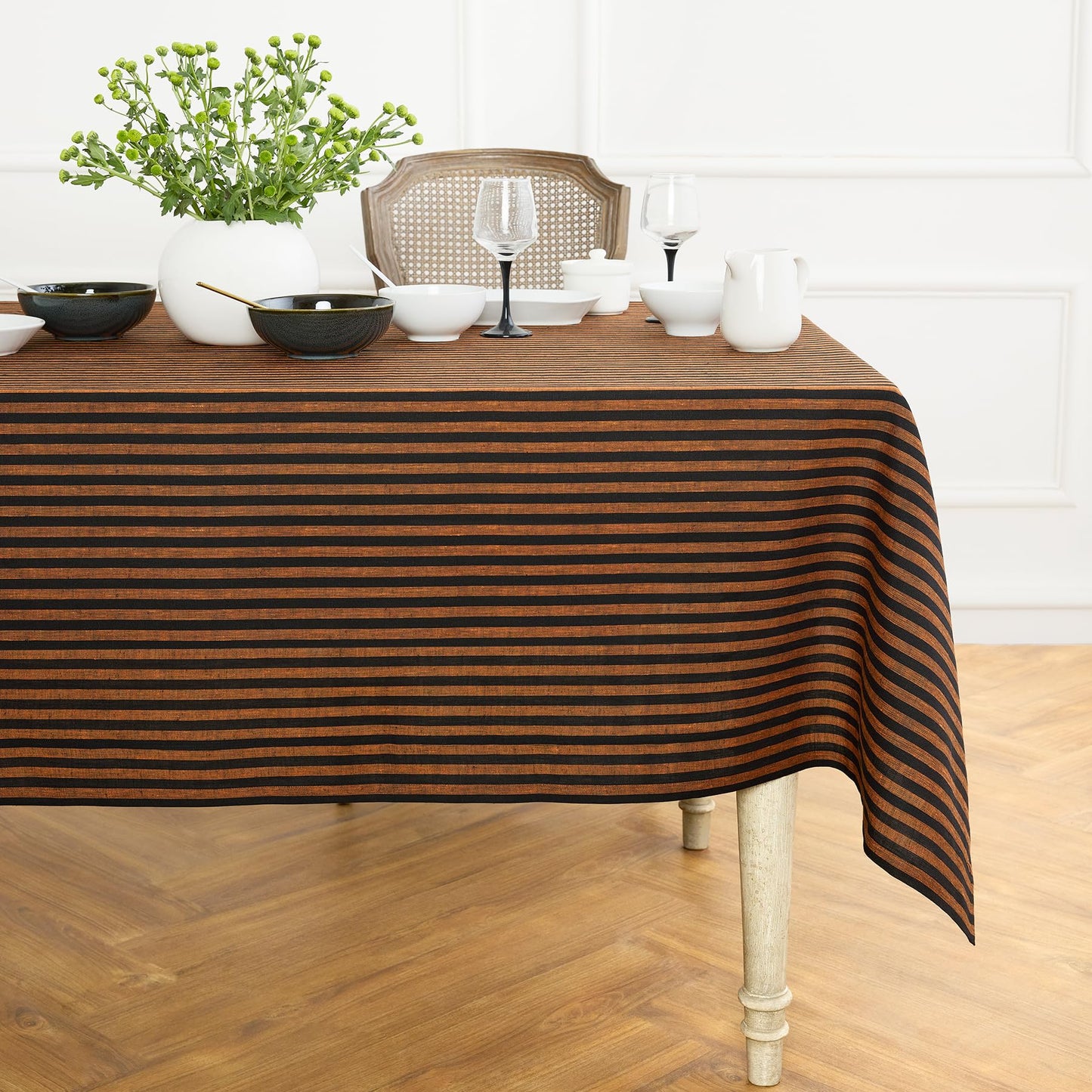 Solino Home 100% Linen Table Cloth, Throw, 52 x 52 in, Coral, Amalfi Stripe | Striped Linen Tablecloth a neat topper for bistro, card and side tables | Coral and White | Pure Linen | OEKO-TEX Certified BST326SOLH