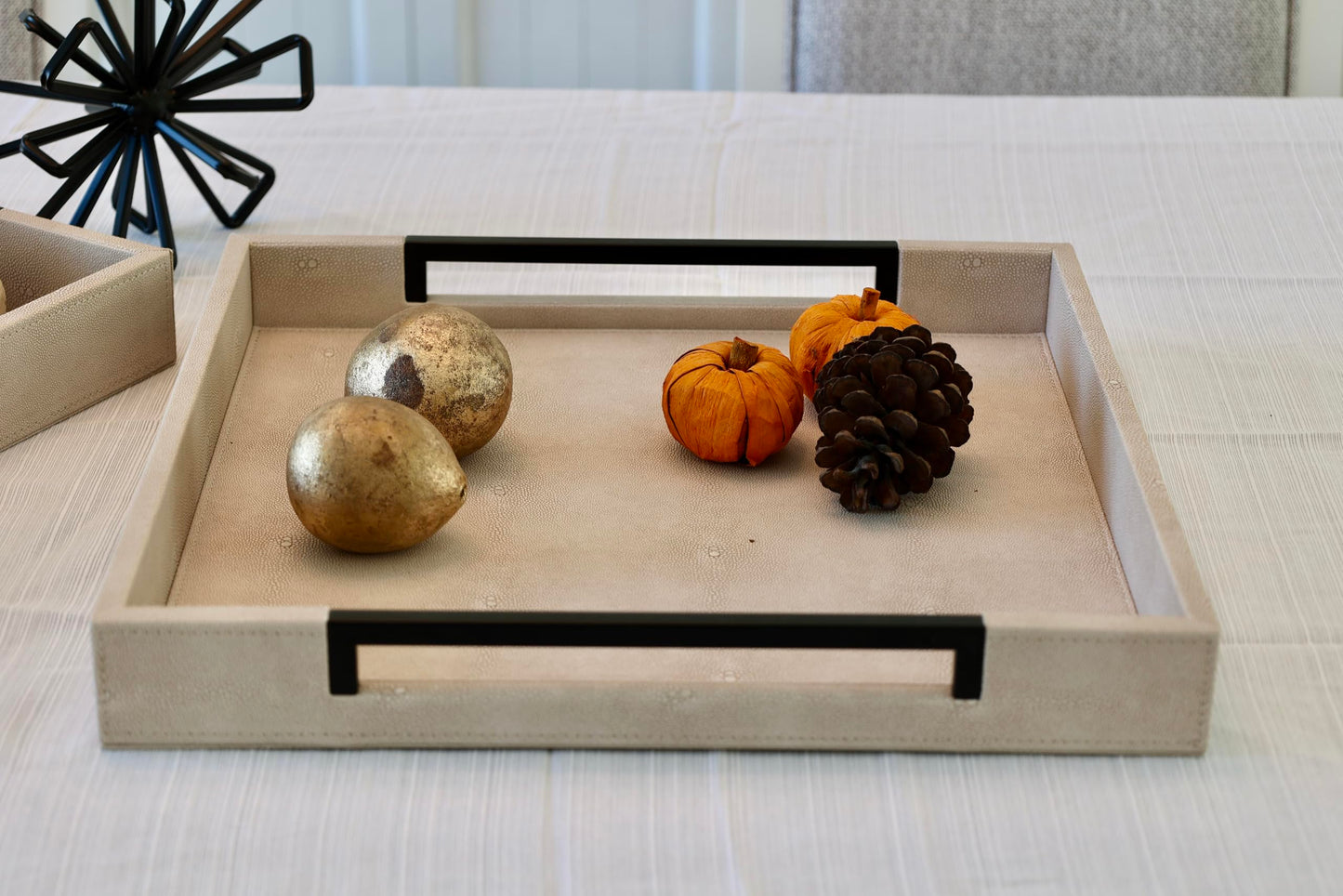 Sagala 16"x16" Ivory Shagreen Leather Serving Tray with Handles for Ottoman Coffee Table, Stylish Decorative Tray for Living Room Modern Home Decor (Ivory-Black, Square 16") BST220