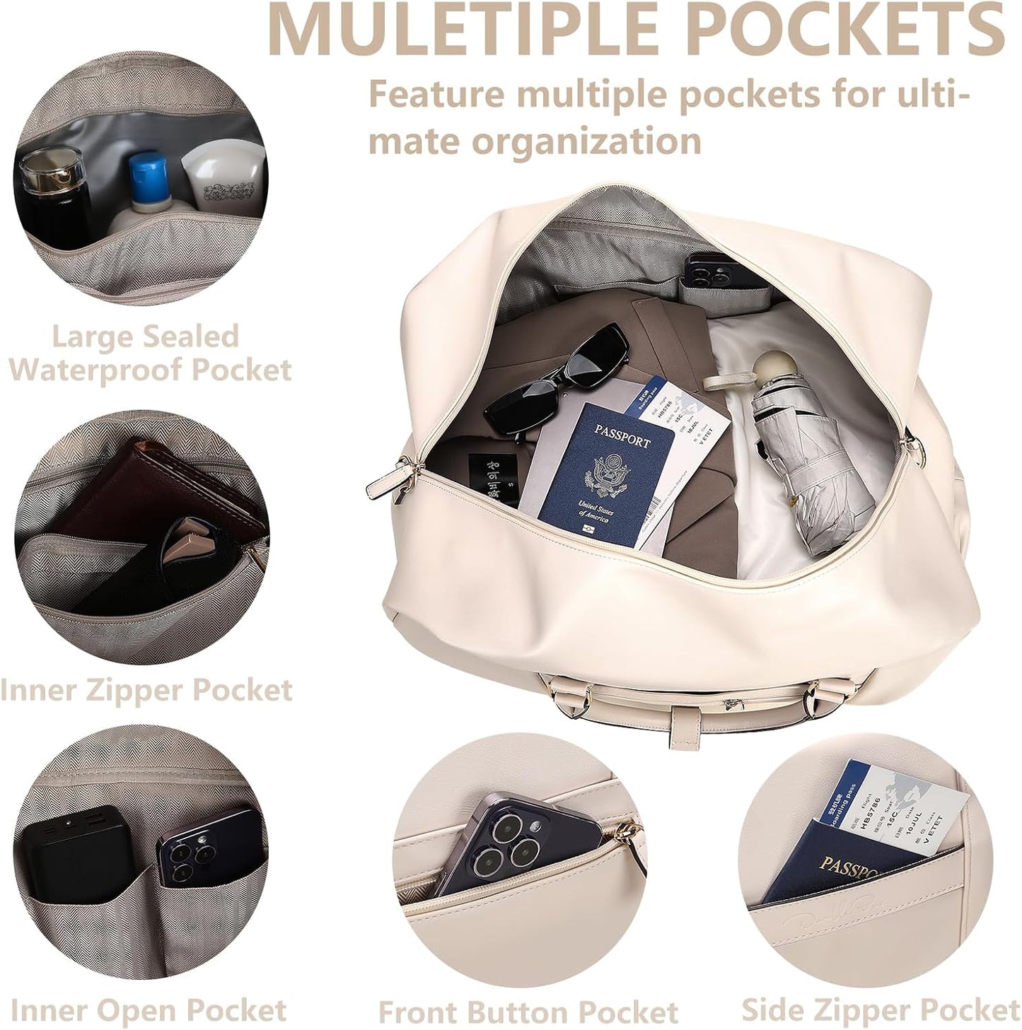 Large 4-in-1 Leather Duffle Bag for Travel Weekender Overnight Hospital Gym Bag for Men & Women, Carry On Airline Approved Personal Item Duffel Garment Bag Luggage with Shoe Compartment & Toiletry Bag BST326H