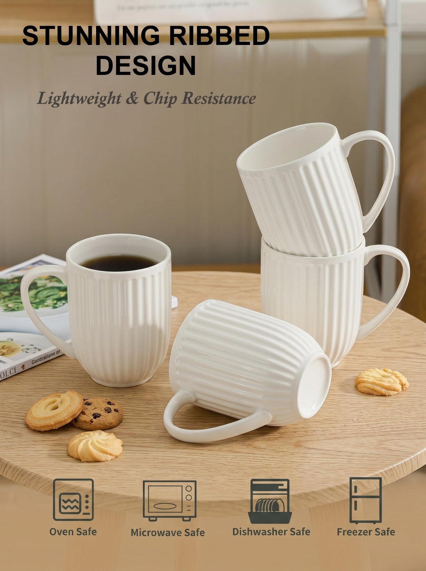 HASENSE Textured Large Coffee Mugs Set of 4, 16 Oz Ribbed Ceramic Cups with Large Handle for Latte Tea Cappuccino, Stackable Embossed Mug Set for Mom Dad, Microwave Dishwasher Safe, Creamy White BST220